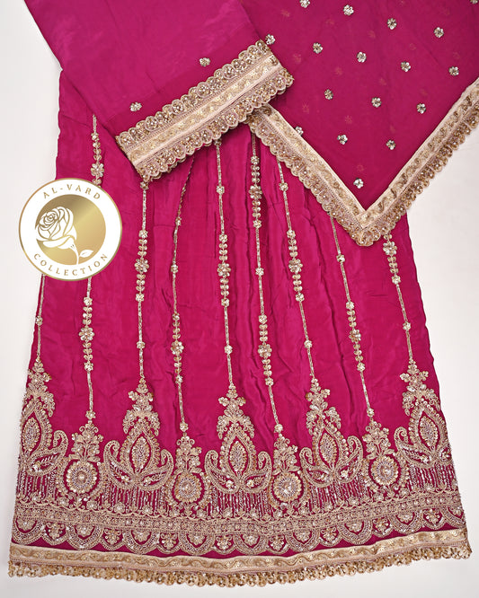 Hot Pink RCJ With Smart Standing Floral Golden Heavy Look Work/Dupatta With All Over