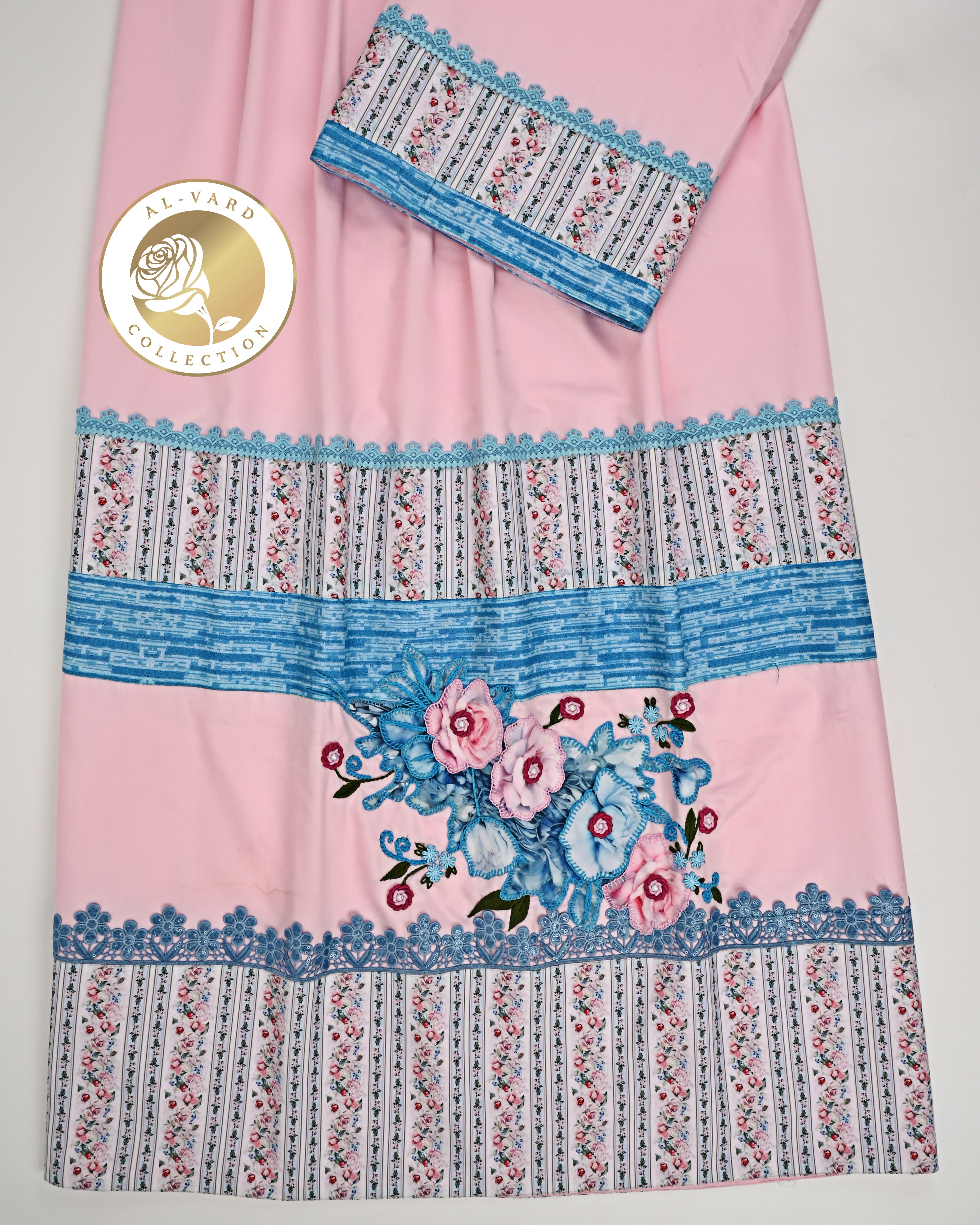 Baby Pink Rida With Up Down Printed Panel & Floral Applique Bunch-2500/-