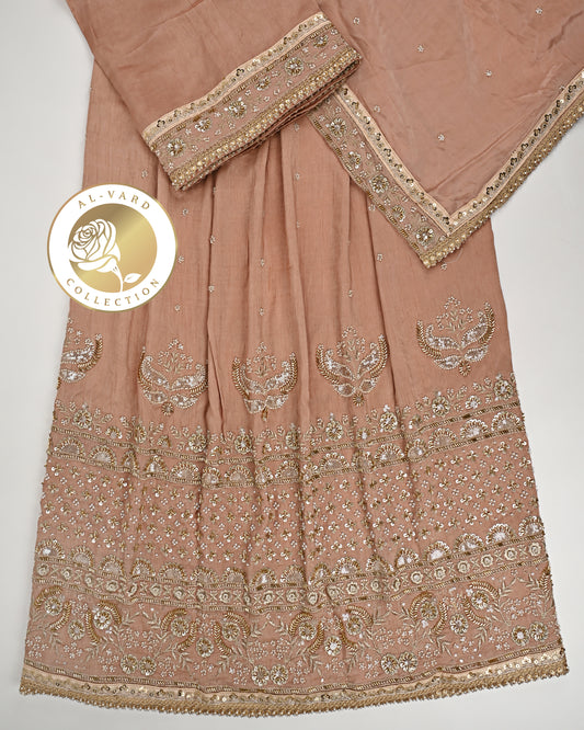 Rose Gold RCJ With Heavy Golden Aari Work & Plain Dupatta With Border