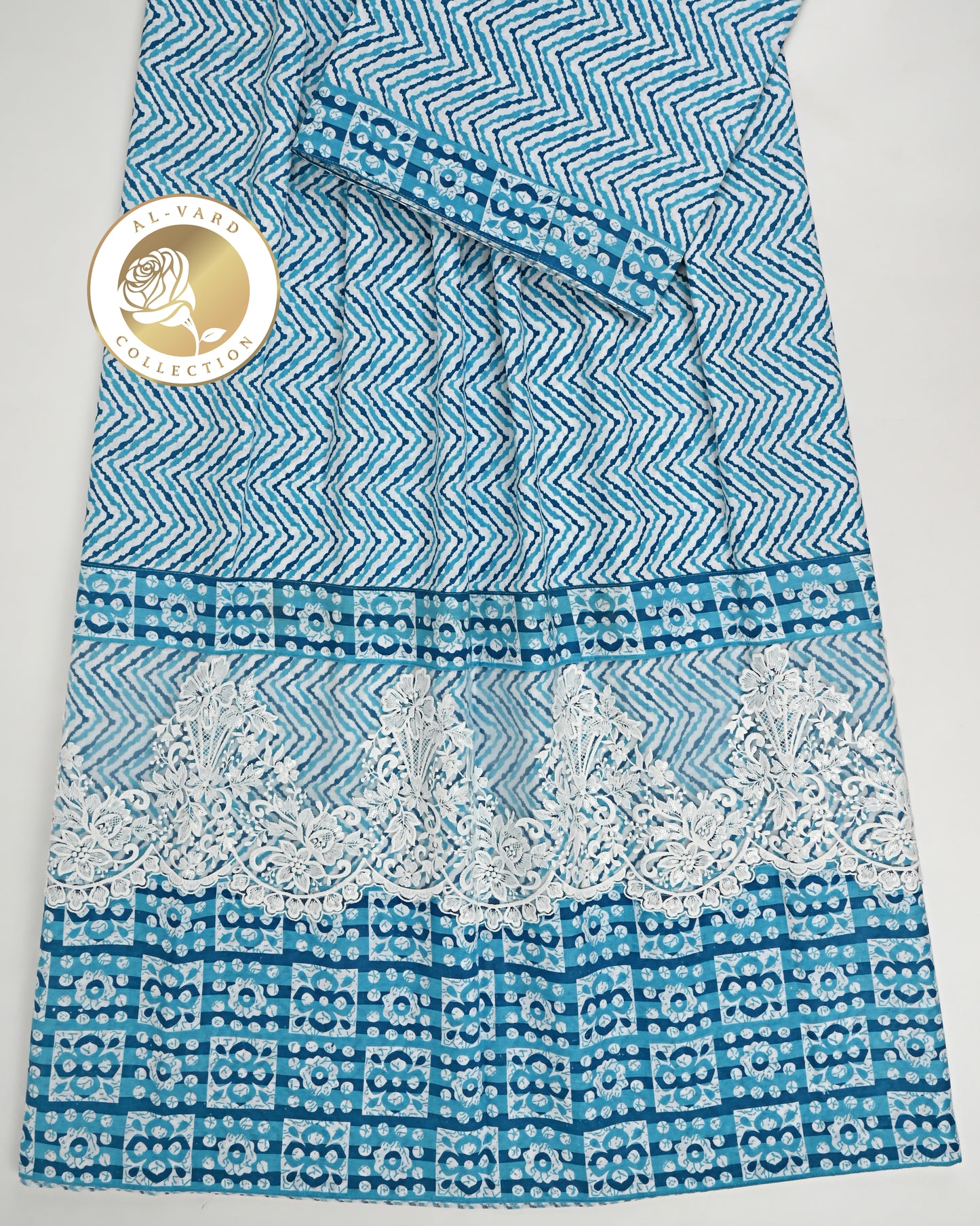 Teal Green Batik Chevron Print With Smart Batik Panel & Lace