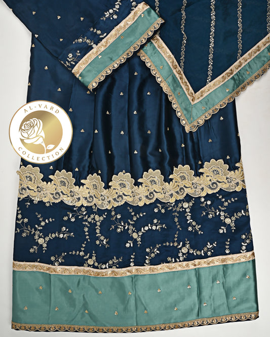 Navy Blue RCJ With Golden Lace & Floral Embroidery Work