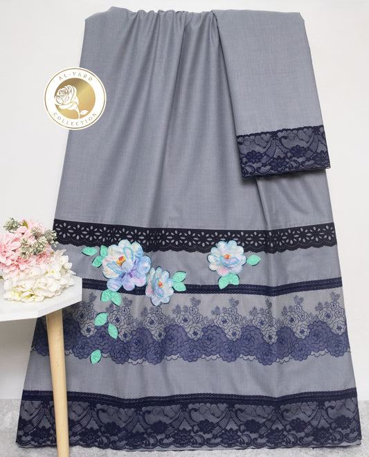Grey Rida With Smart Dark Lacing & Floral Applique Work