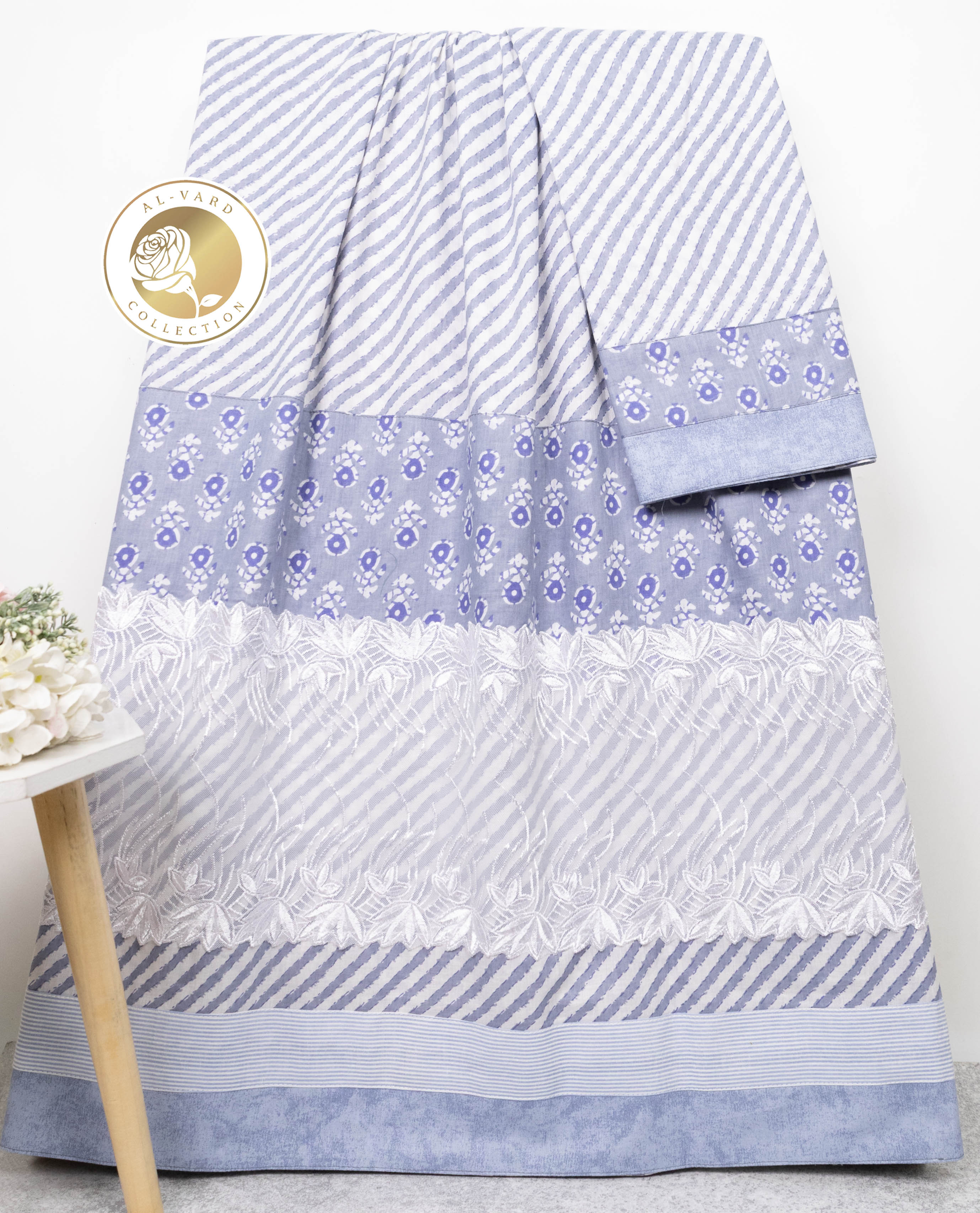 Periwinkle Blue White Stripes Batik Rida With Batik Floral Panel & Smart Lace-1750/-