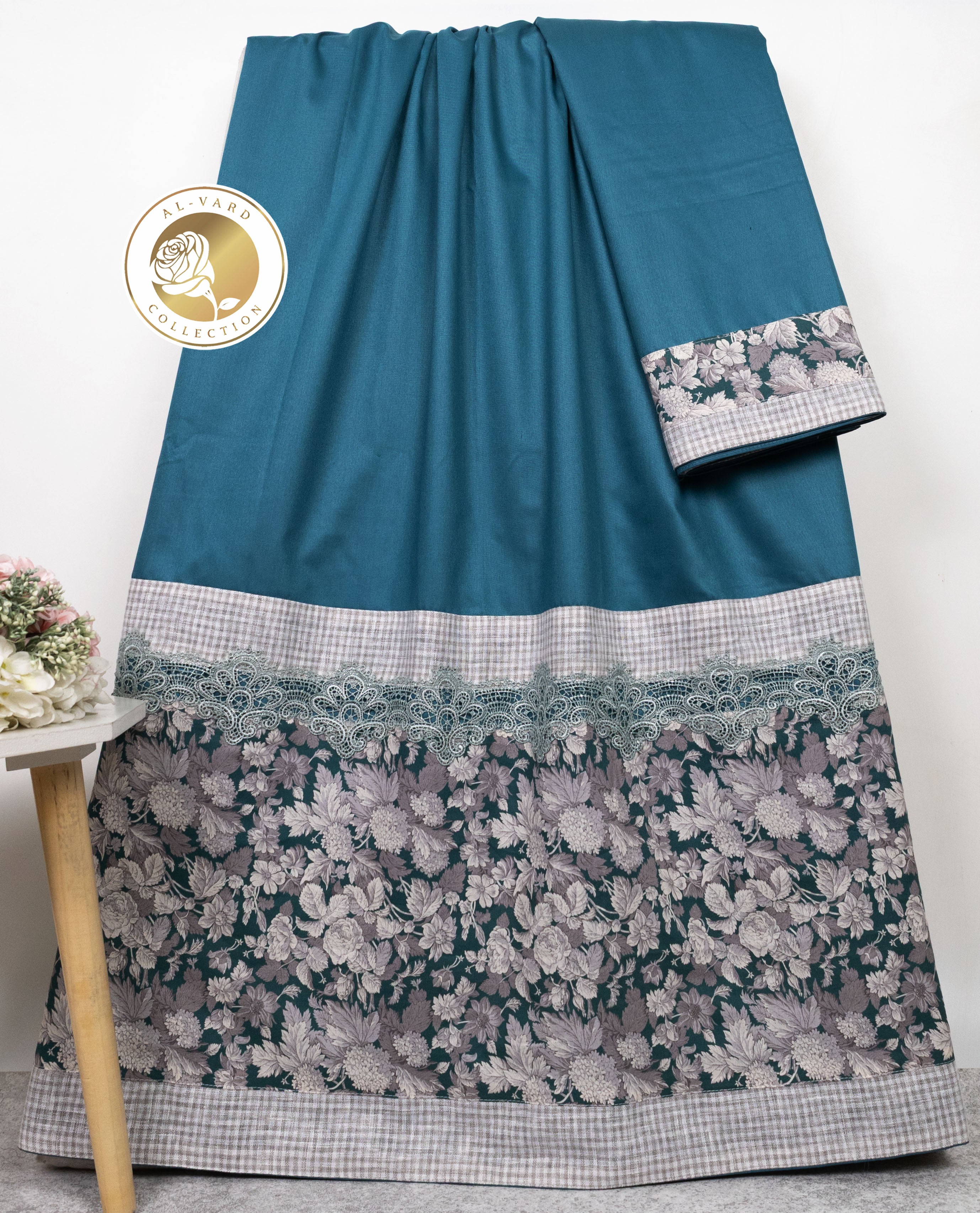 Moroccan Blue Rida With Smart Floral Printed Panel Checks Belt & Smart Lace
