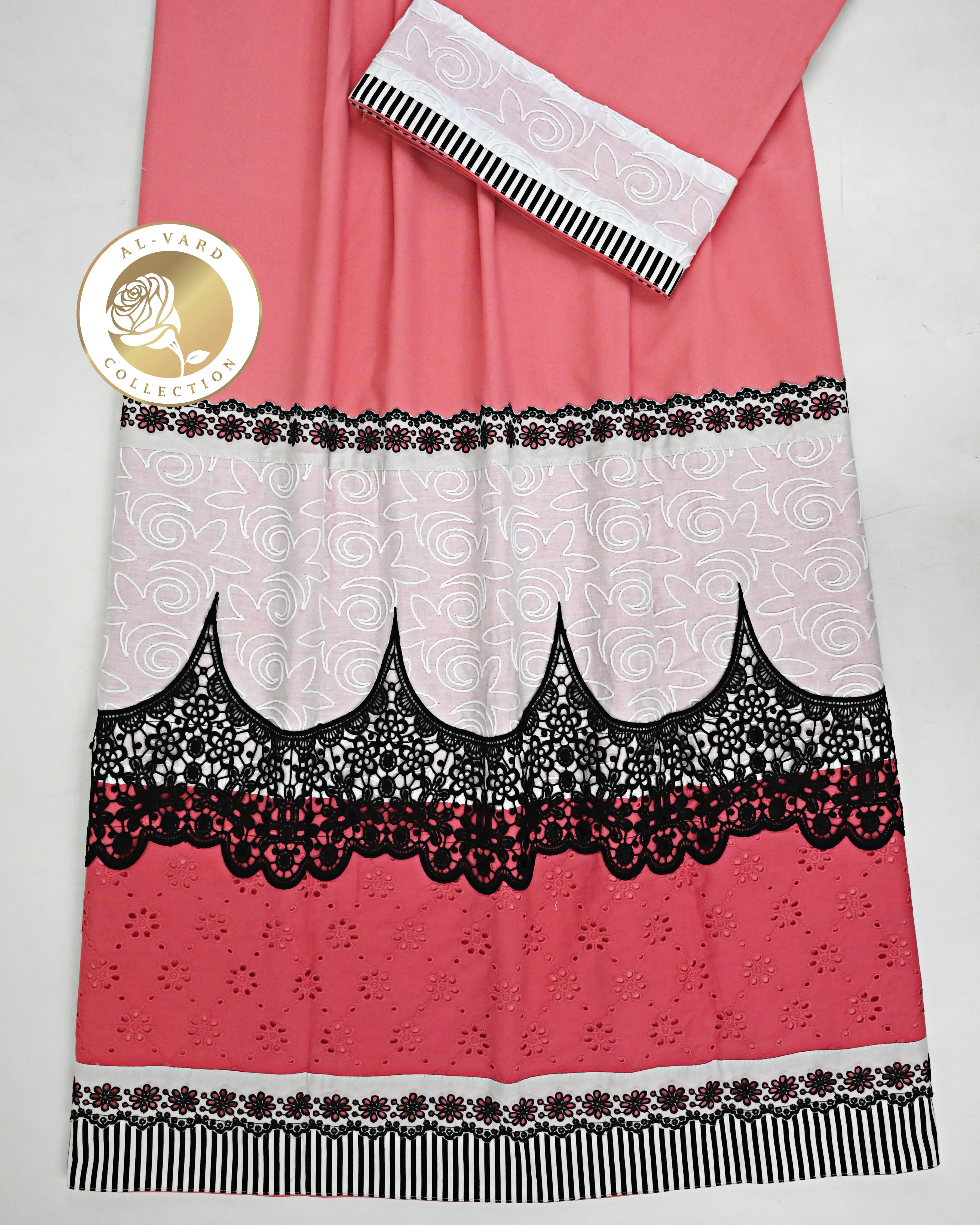 Coral Pink Rida With Smart Hakoba Panel Black Smart Lace & White Self Print Panel