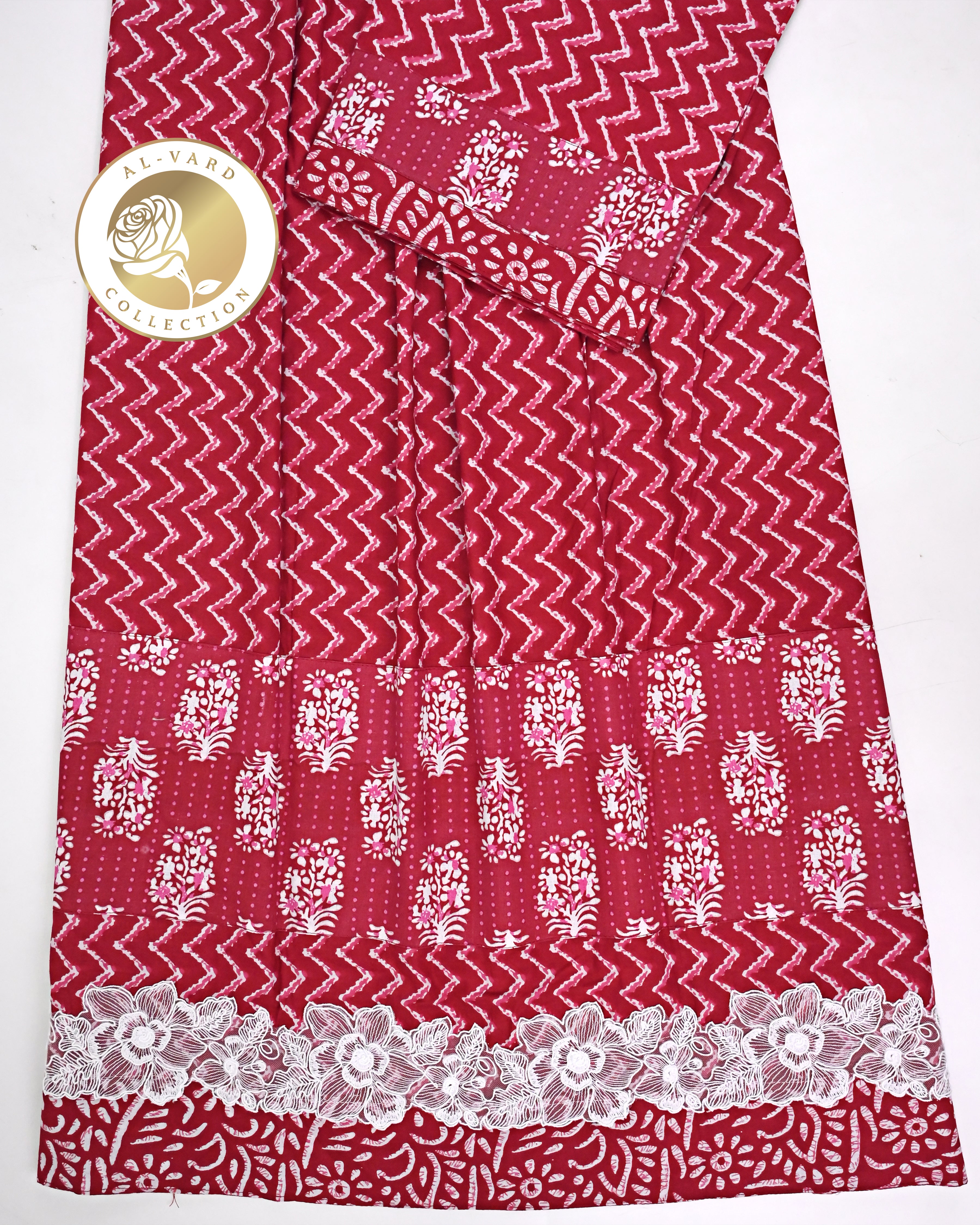 Crimson Red Chevron Batik Rida With Batik Panel & Floral Design Lace