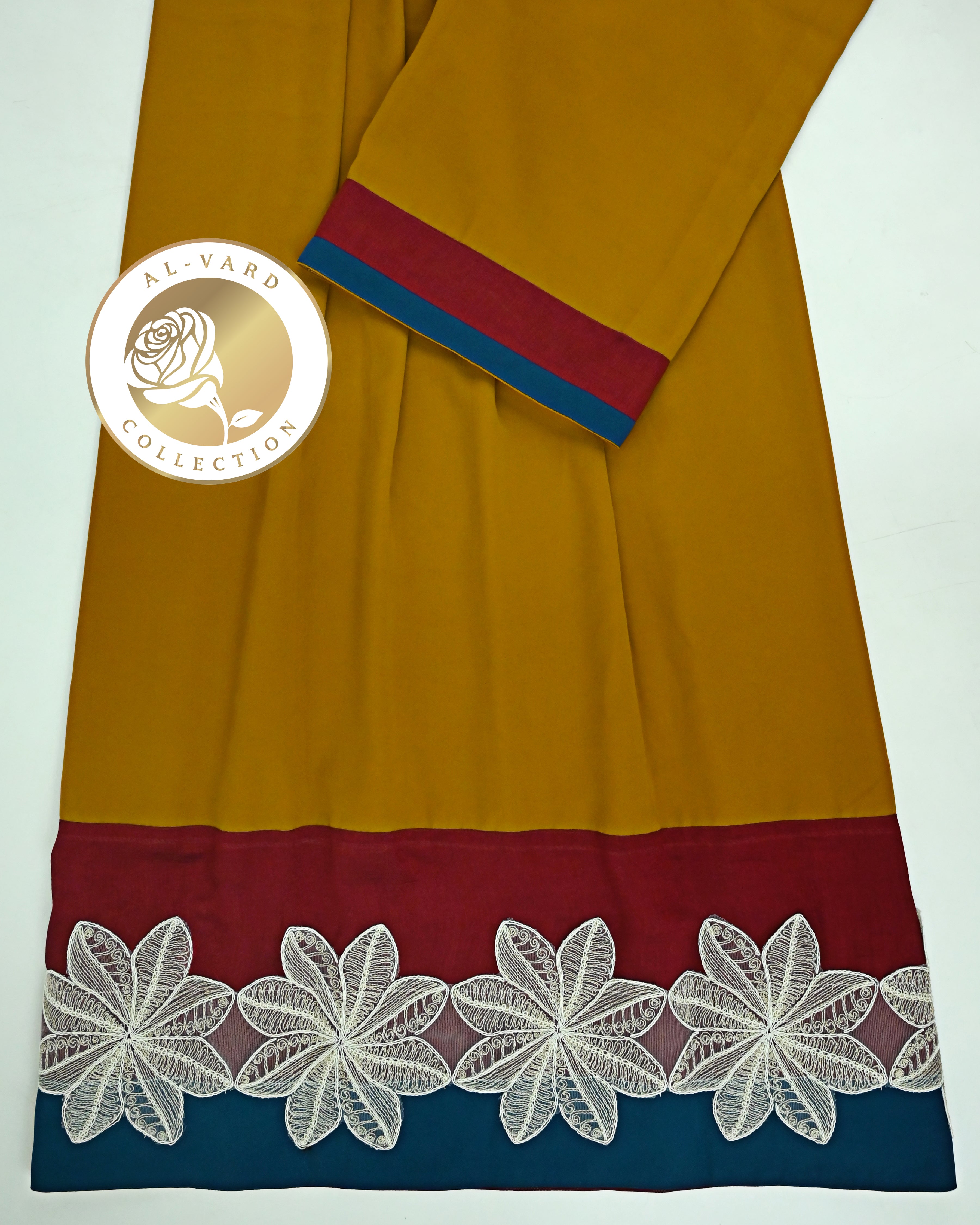 Mustard Yellow Abaya Rida With Smart Dark Color Panel & Smart Floral Lace-2200/-