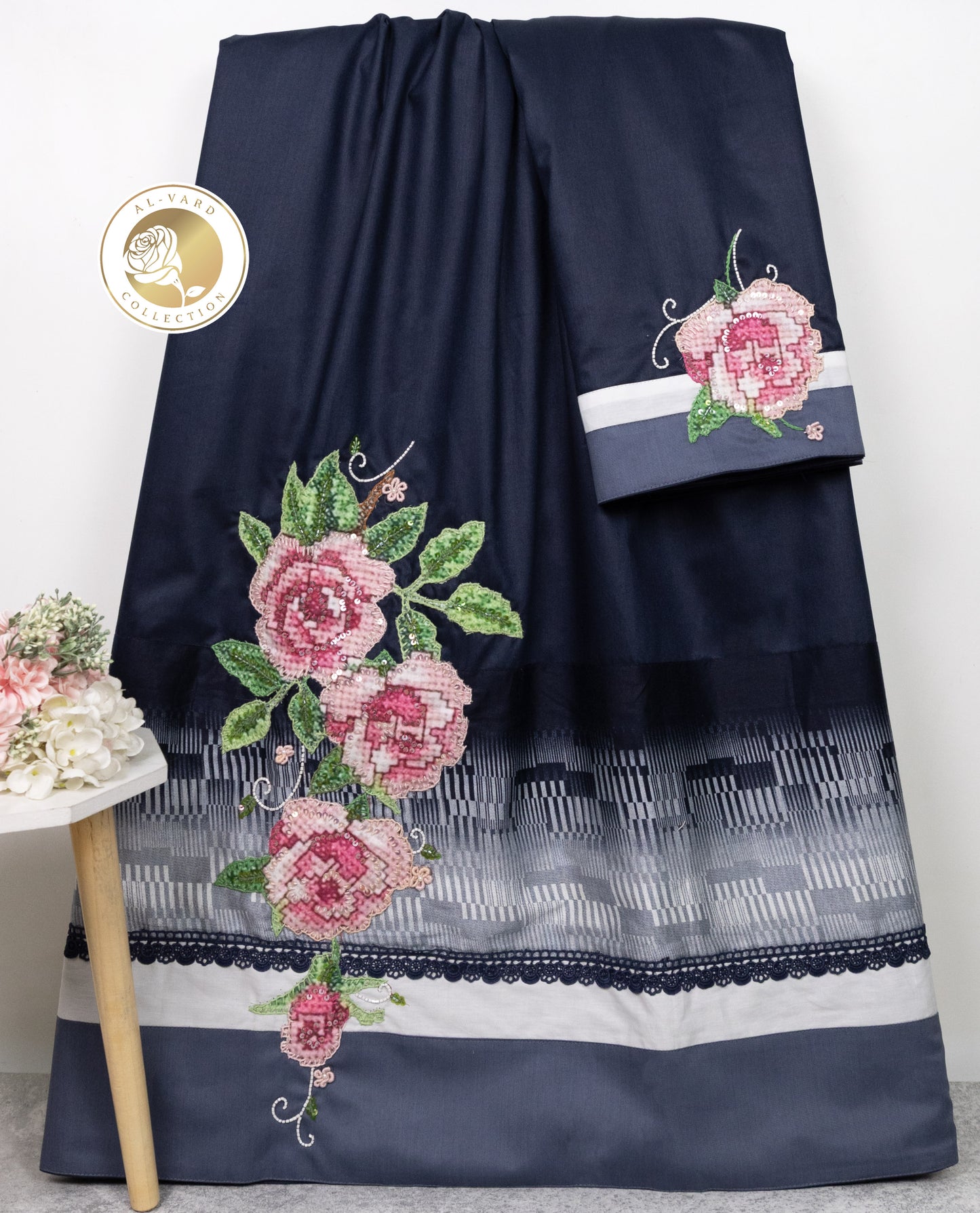 Dark Navy Blue Rida With Smart Floral With Aari TouchUp & Smart Lace Panel