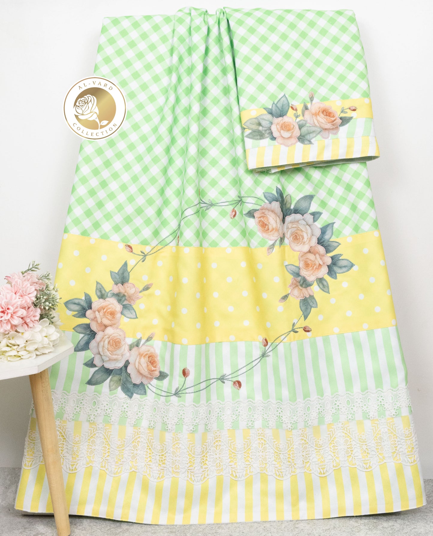 Light Green & White Checks Rida Wih Smart Panel Lace & Floral Applique With Embroi.