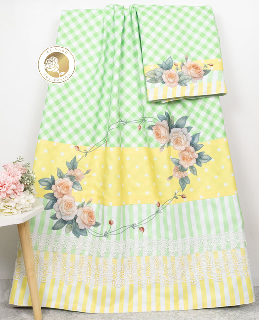 Light Green & White Checks Rida Wih Smart Panel Lace & Floral Applique With Embroi.