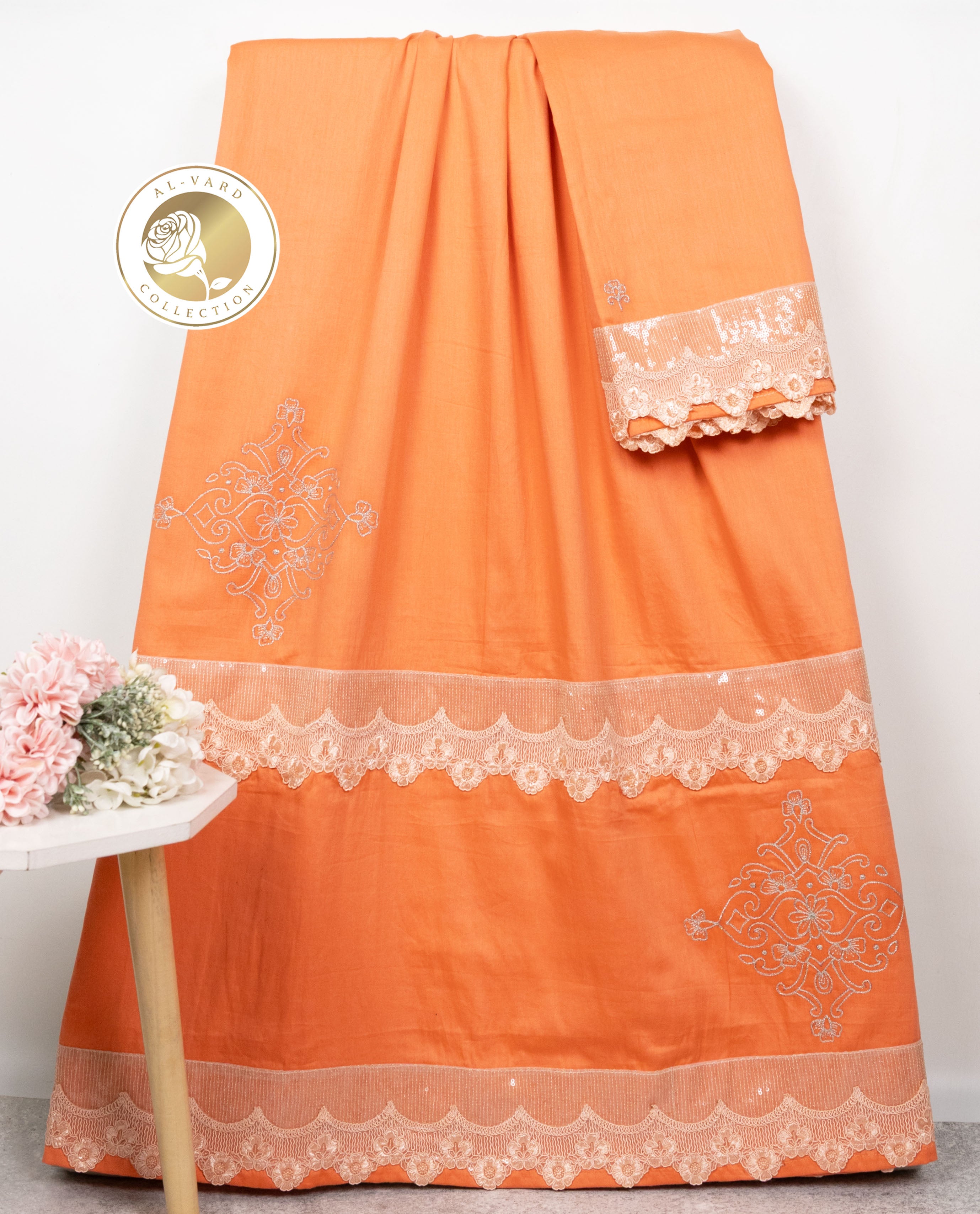 Melon Orange Rida With Smart Sequence Lace & Two Side Embroidery Design