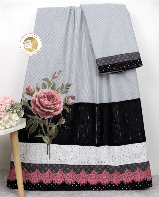 White Grey Lining Popcorn Rida With Dark Panel & Smart Floral Applique Flower