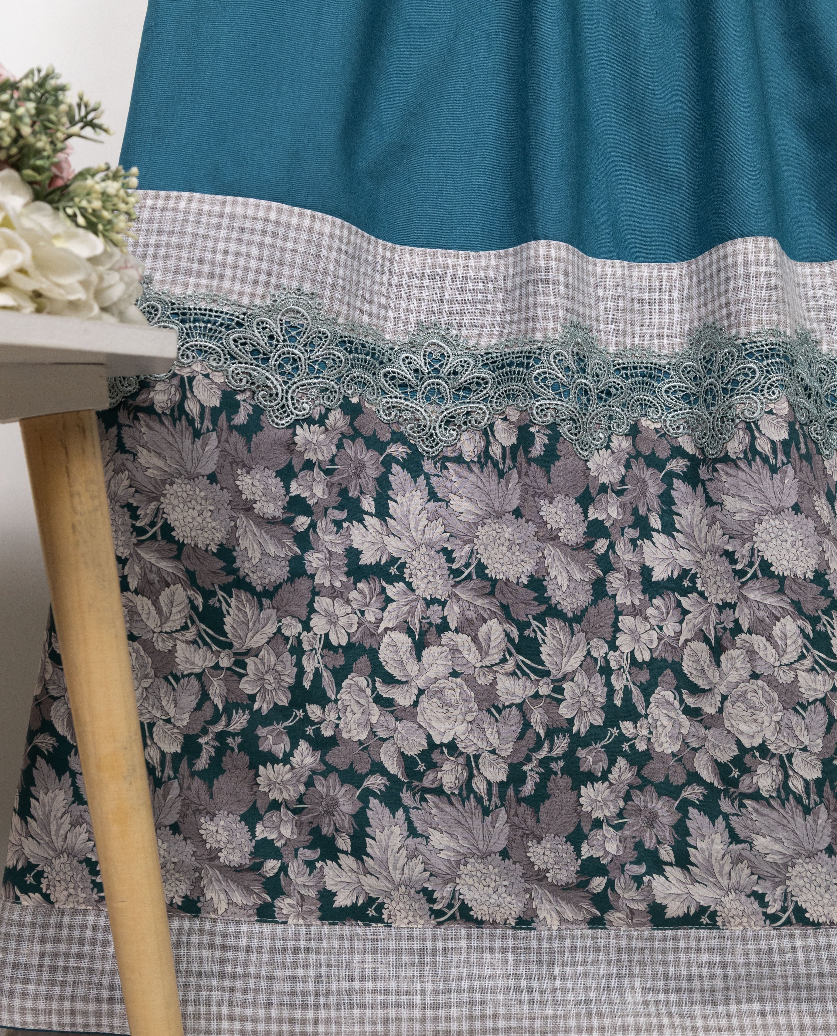 Moroccan Blue Rida With Smart Floral Printed Panel Checks Belt & Smart Lace