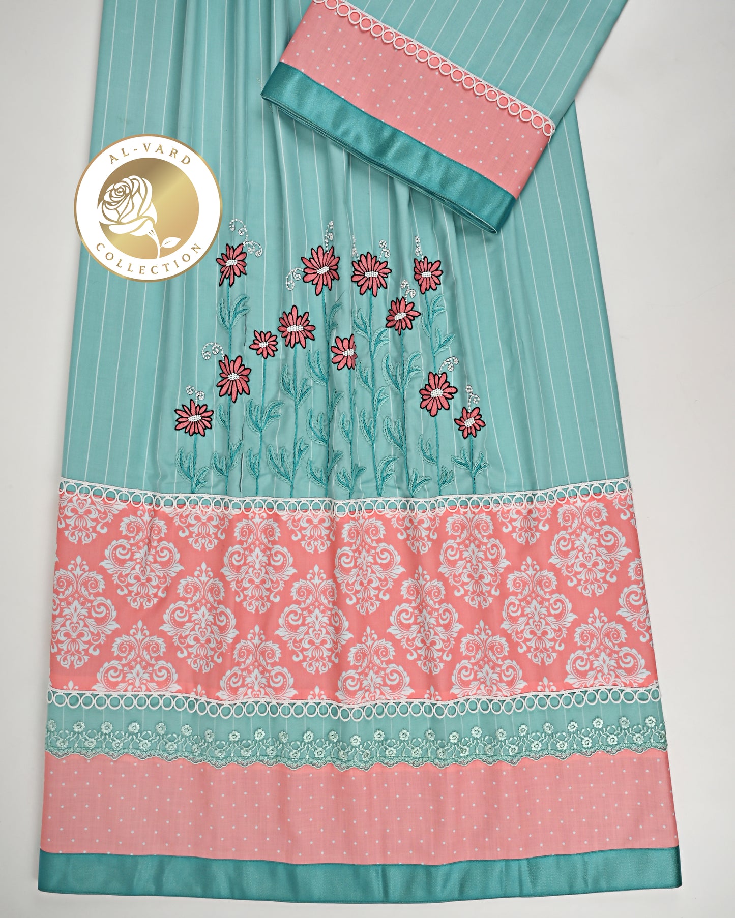 Sea Foam Green Rida With Smart Printed Panel Lace & Floral Work