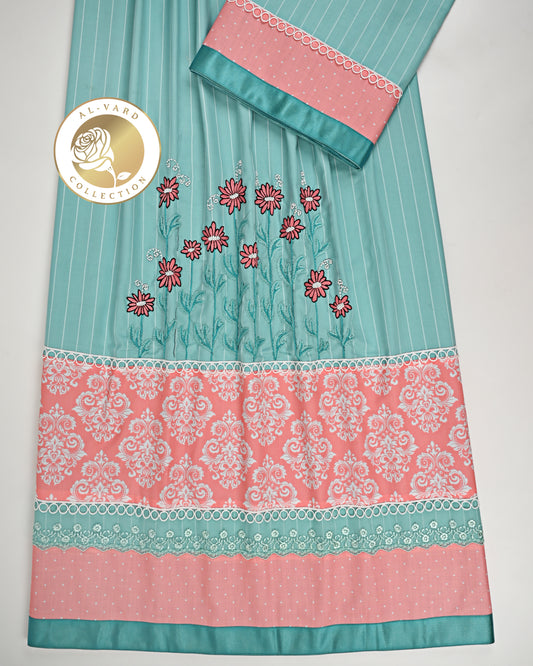 Sea Foam Green Rida With Smart Printed Panel Lace & Floral Work