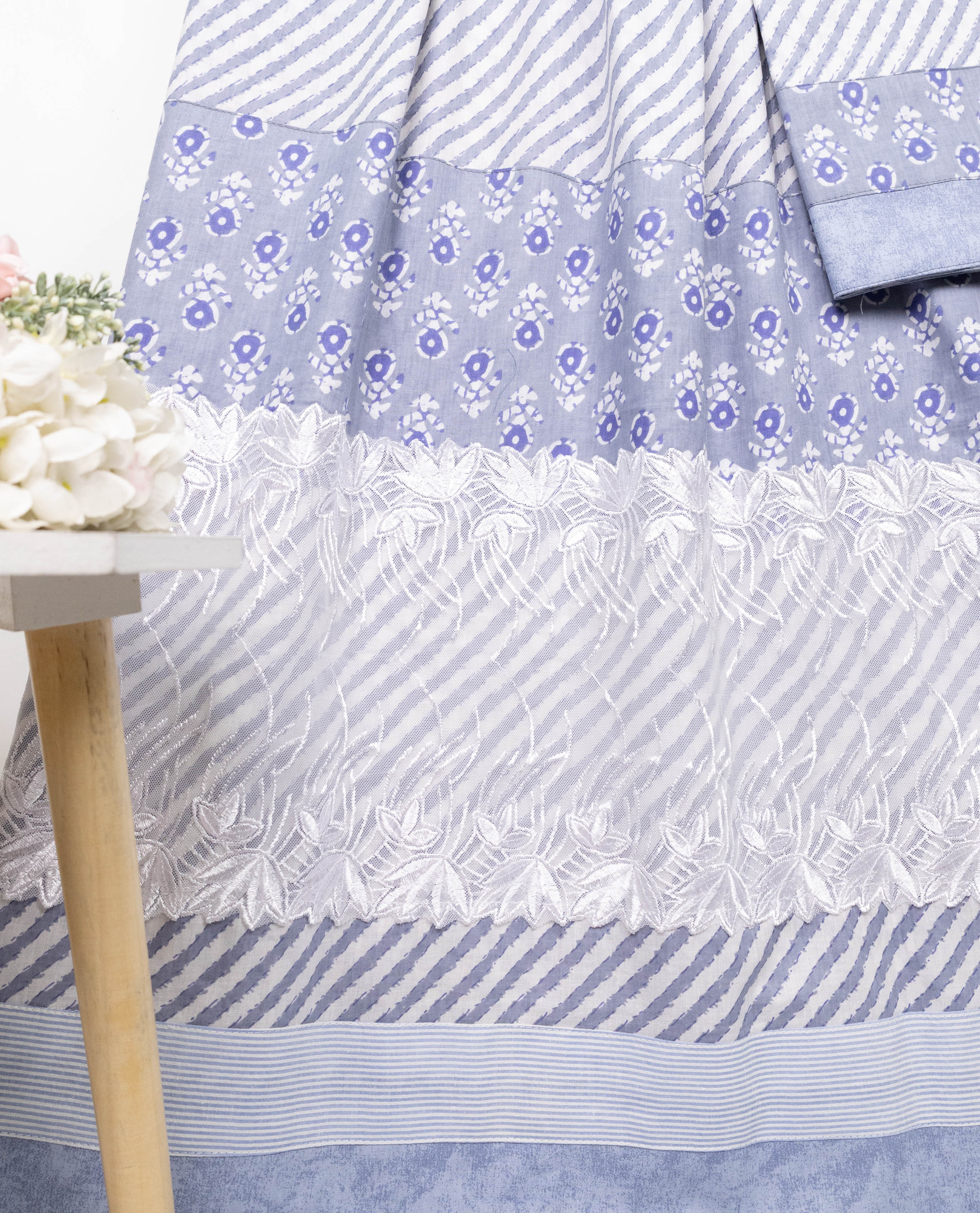 Periwinkle Blue White Stripes Batik Rida With Batik Floral Panel & Smart Lace-1750/-