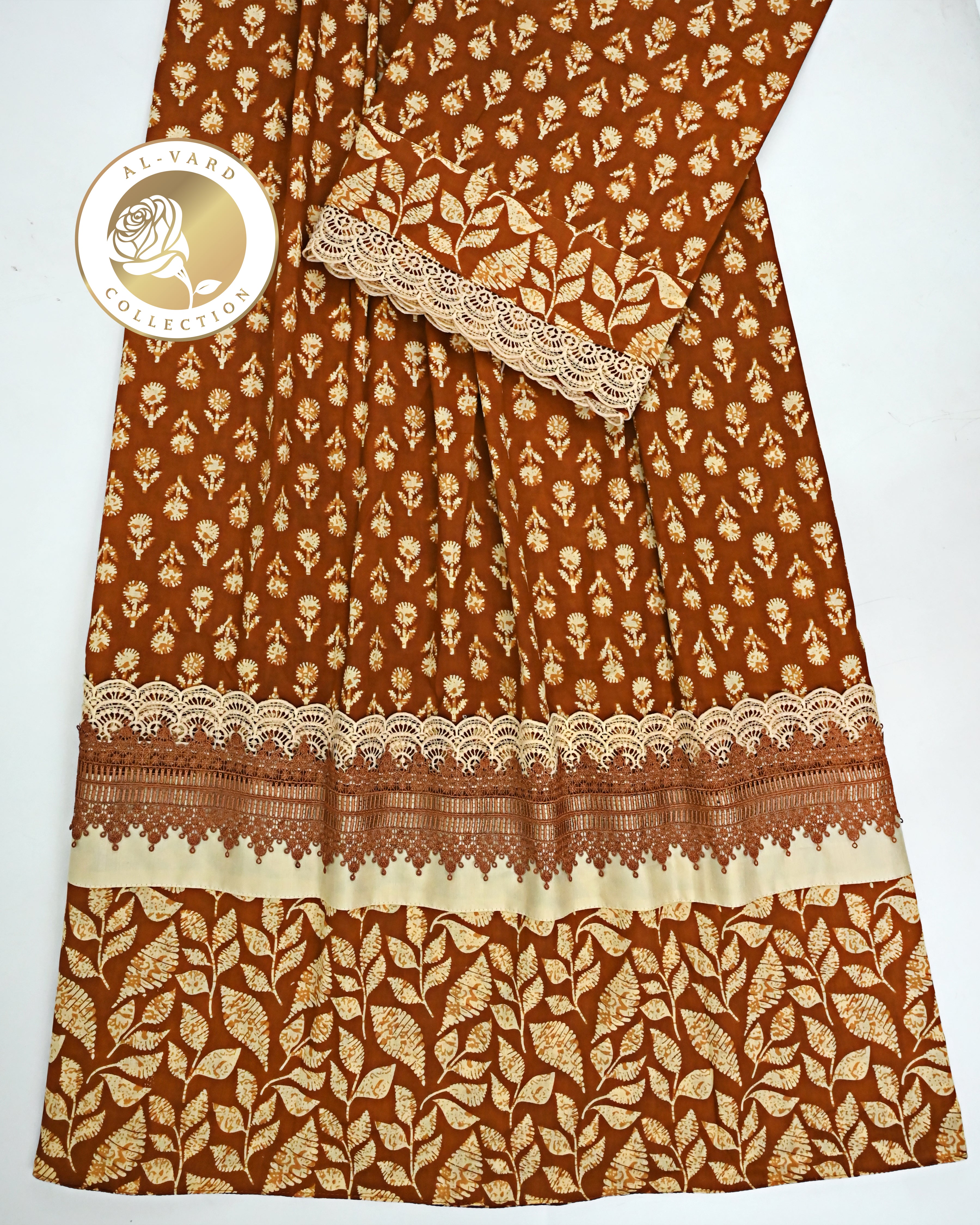 Rust Brown Batik Floral Print Rida With Batik Panel & Smart Lace-1600/-