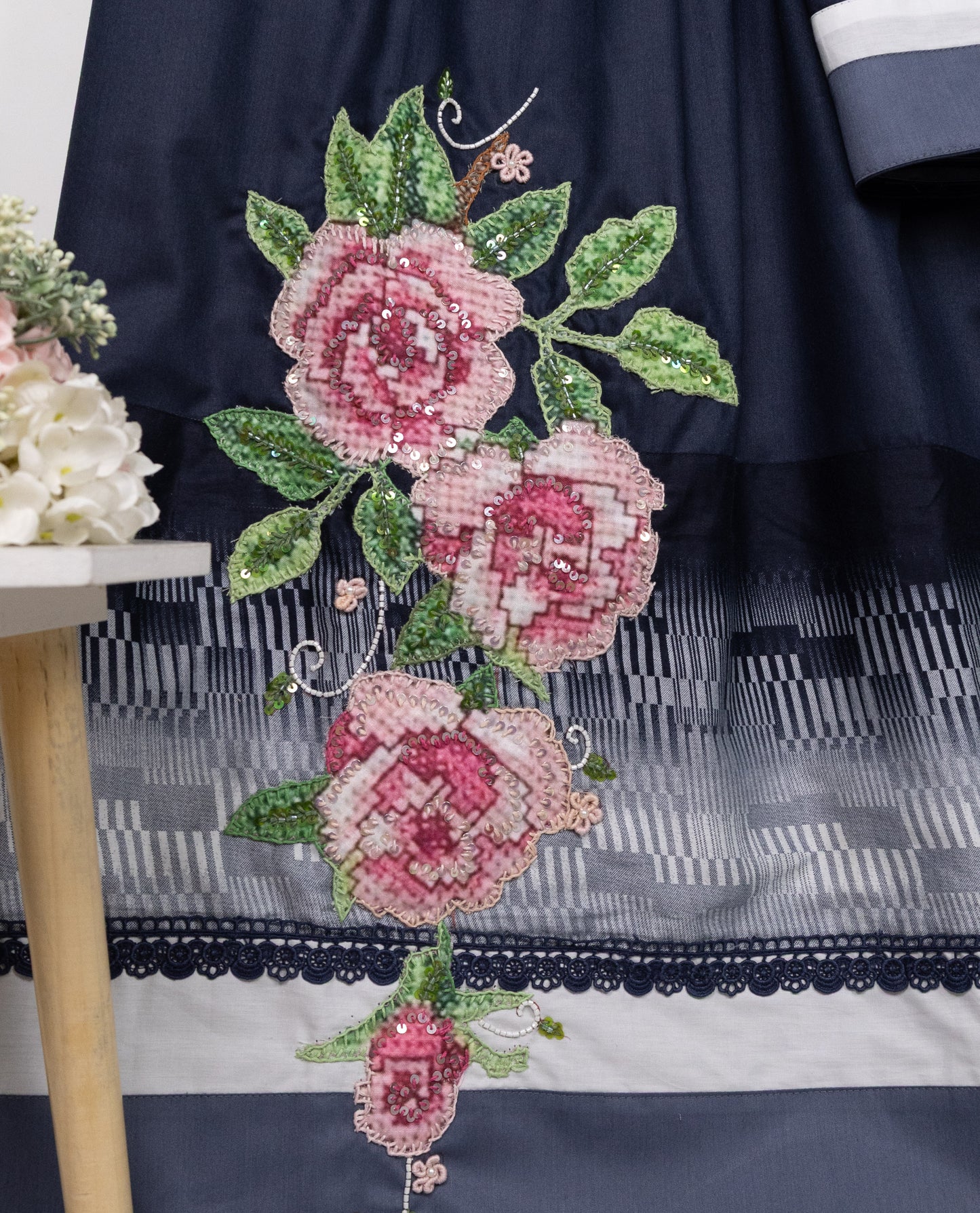 Dark Navy Blue Rida With Smart Floral With Aari TouchUp & Smart Lace Panel