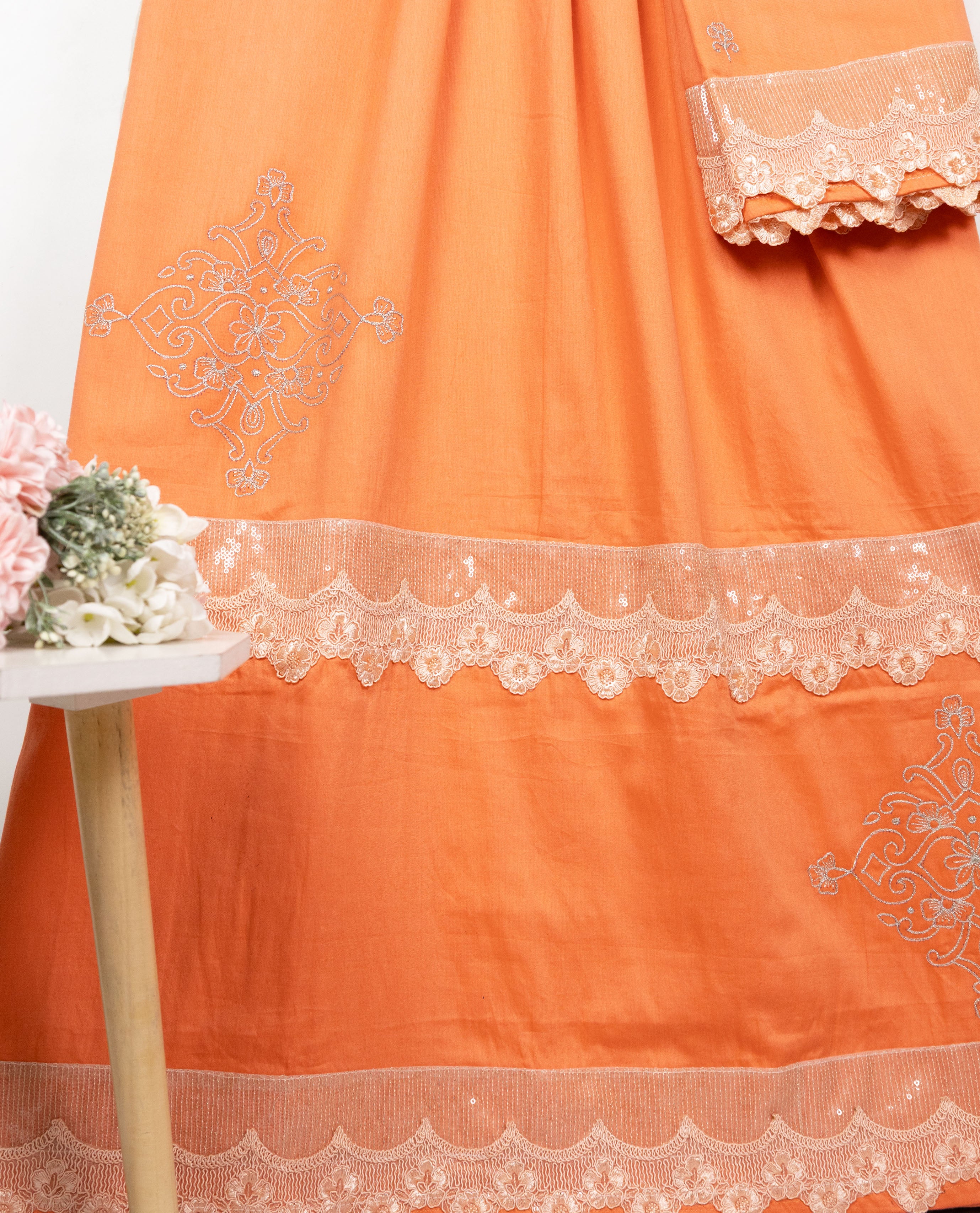 Melon Orange Rida With Smart Sequence Lace & Two Side Embroidery Design