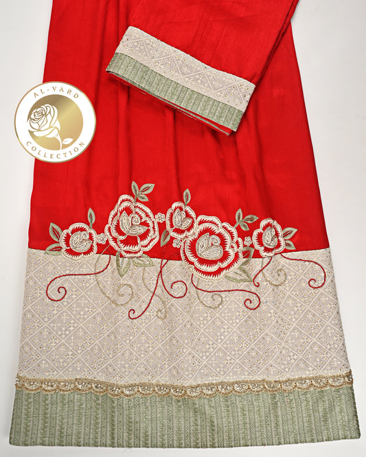 Red Rida With Heavy Look Panel Lace & Heavy Floral Aari Work