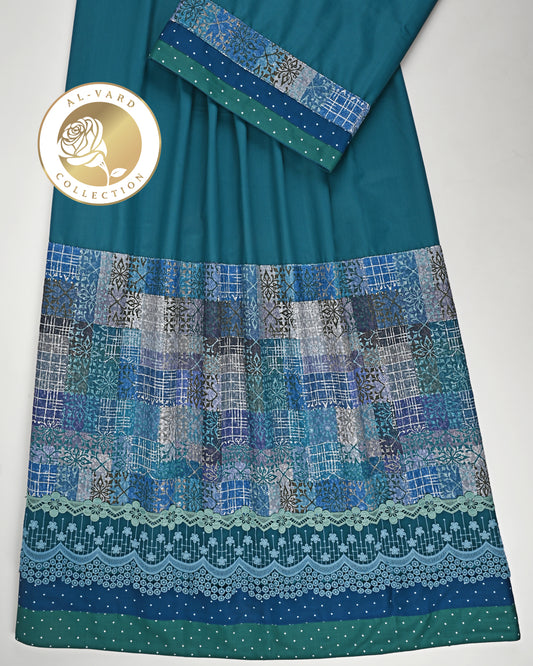 Turquoise Rida With Smart Geometric Design Panel & Smart Dark Lace-1600/-