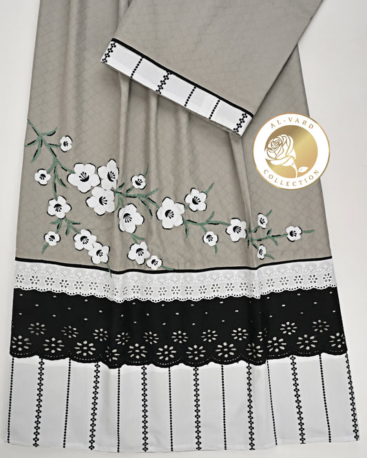 Light Grey Rida With Floral Painting Black & White Panel & Smart Lace