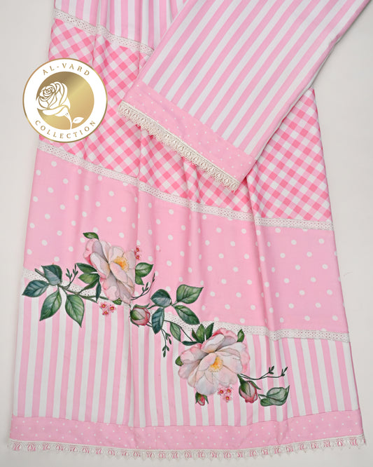 Baby Pink Checks Dots Lining Smart Pattern Rida With Floral Applique Work