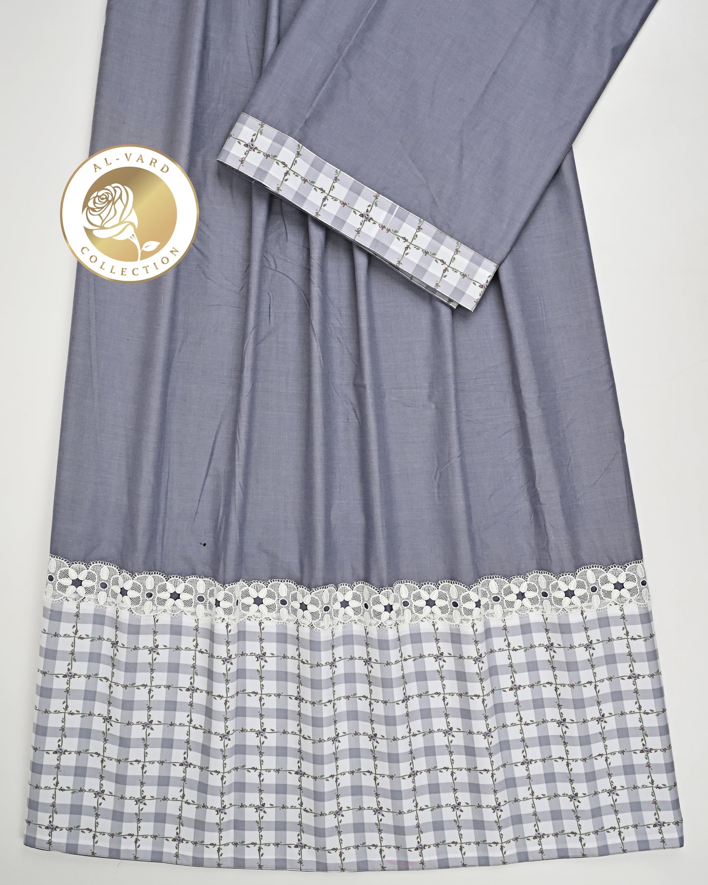 Dark Grey Ohbat Rida With Smart Checks & Floral Panel Lace