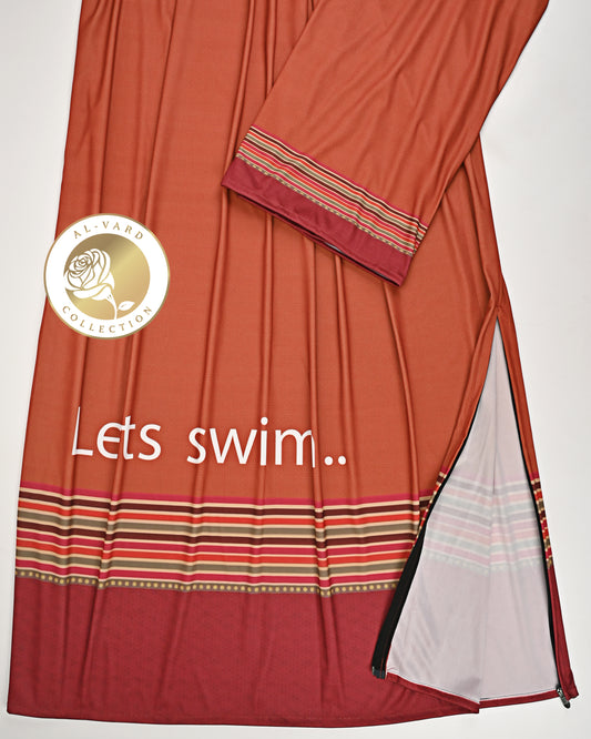 Rusty Orange Swim Rida With Multi Color Stripes Panel & Lets Swim