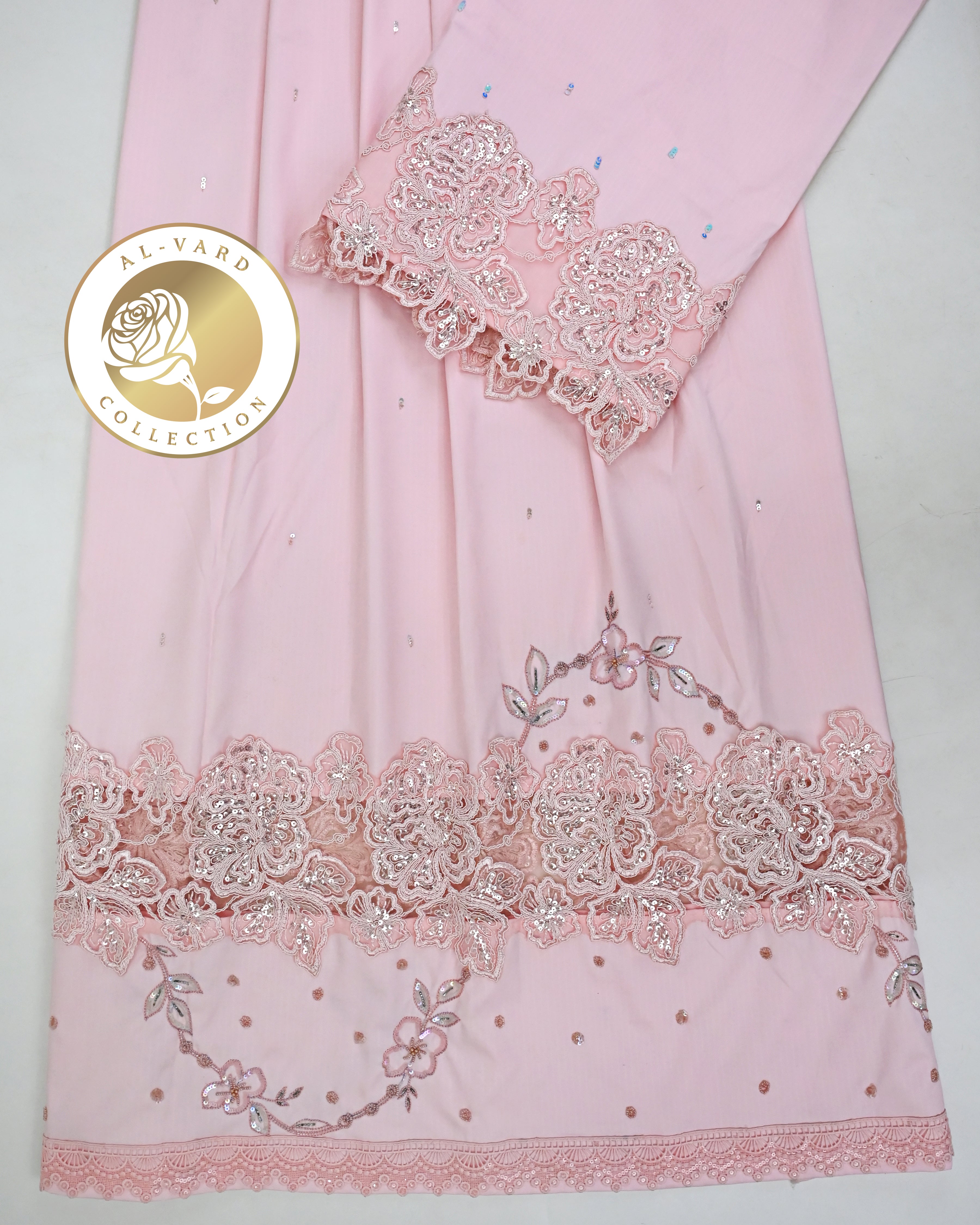 Baby PInk Rida With Heavy Floral Lace Panel & Aari Work Touch Up-4500/-