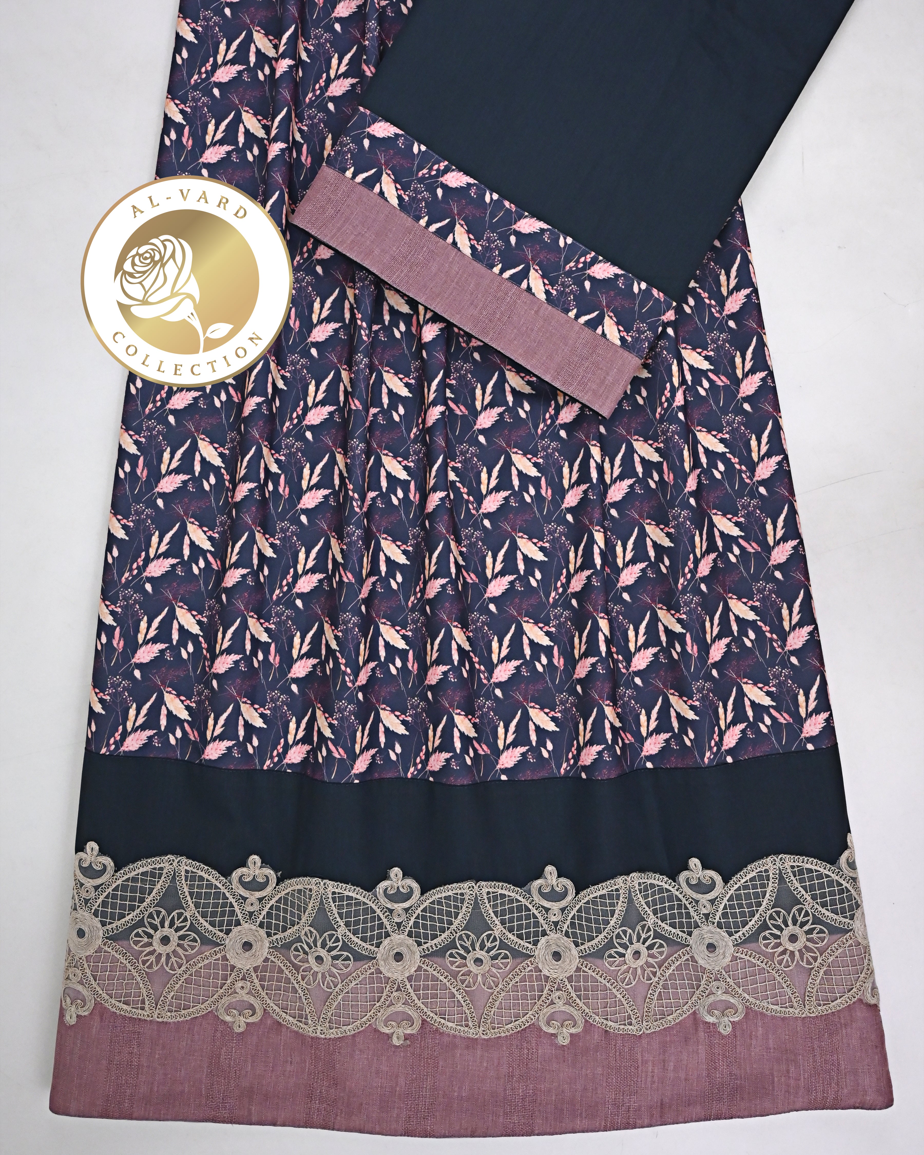 Navy Blue Base Full Printed Rida With Dark Smart Panel & Smart Imported Lace & Plain Navy Pardi