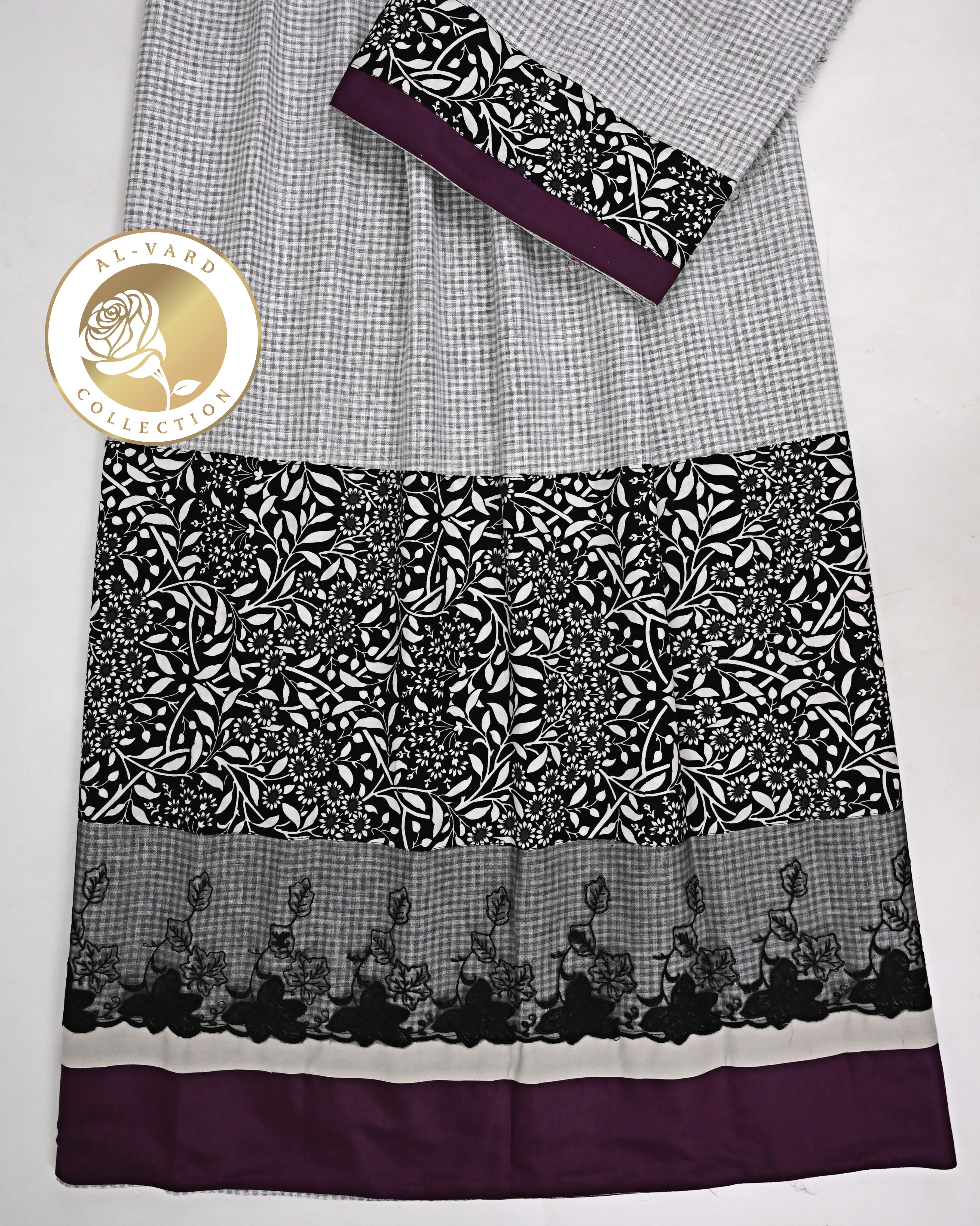 Grey White Cheks Rida With Black White Floral Print Panel Black Floral Lace & Plain Panel
