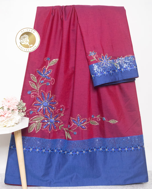 Hot Pink Rida With Ink Blue Panel Lace & Beautiful Floral Work