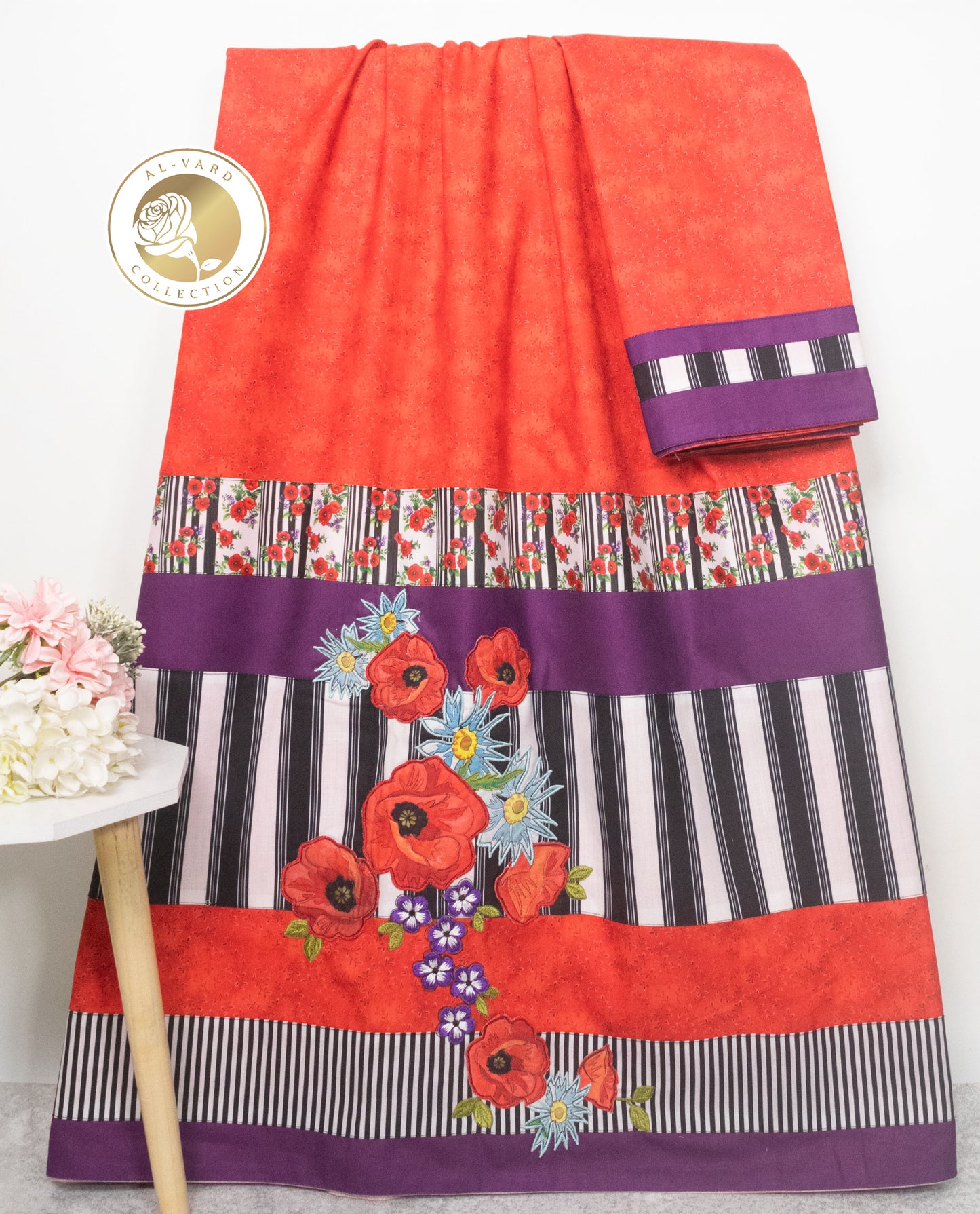 Red Leafy Print Rida With Smart B&W Stripes Panel & Floral Work