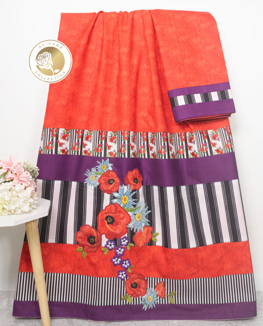 Red Leafy Print Rida With Smart B&W Stripes Panel & Floral Work