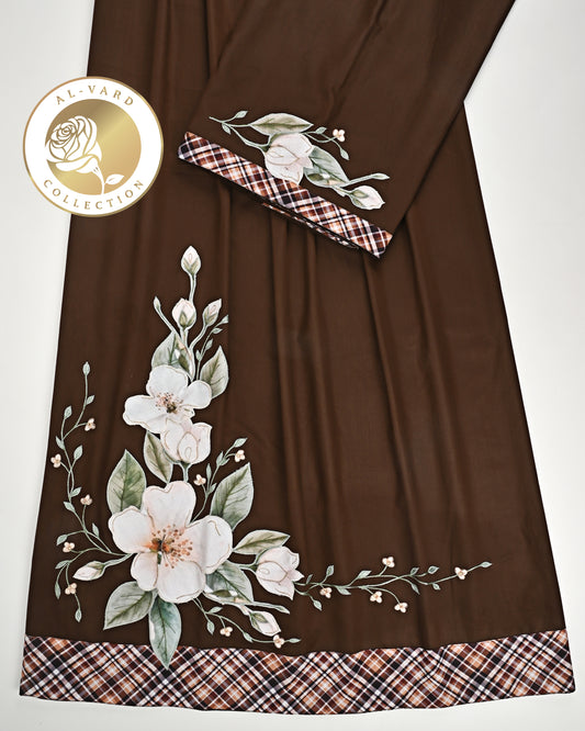 Dark Choclate Rida With Cheks Panel & Floral Applique Work