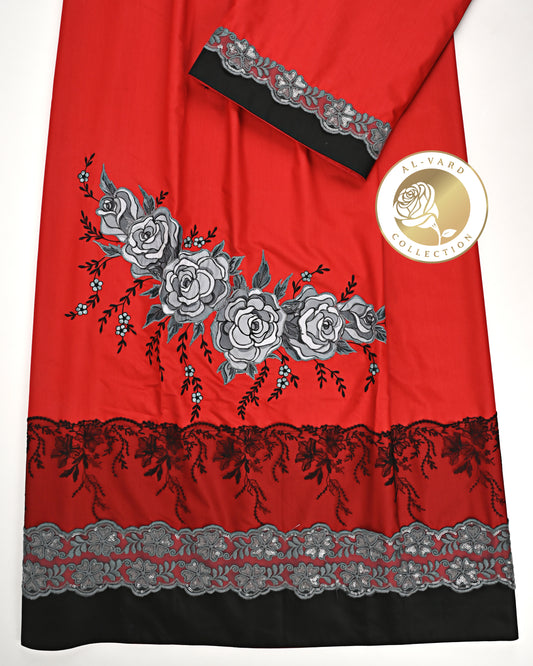 Blood Red Rida With Smart Dark Lace & Grey Floral Applique Work