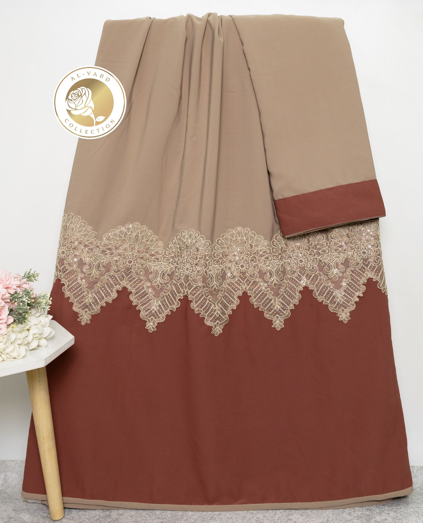 Classic Clay Brown Abaya Rida With Rust Abaya Panel & Smart Imp Lace