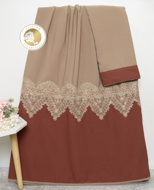 Classic Clay Brown Abaya Rida With Rust Abaya Panel & Smart Imp Lace