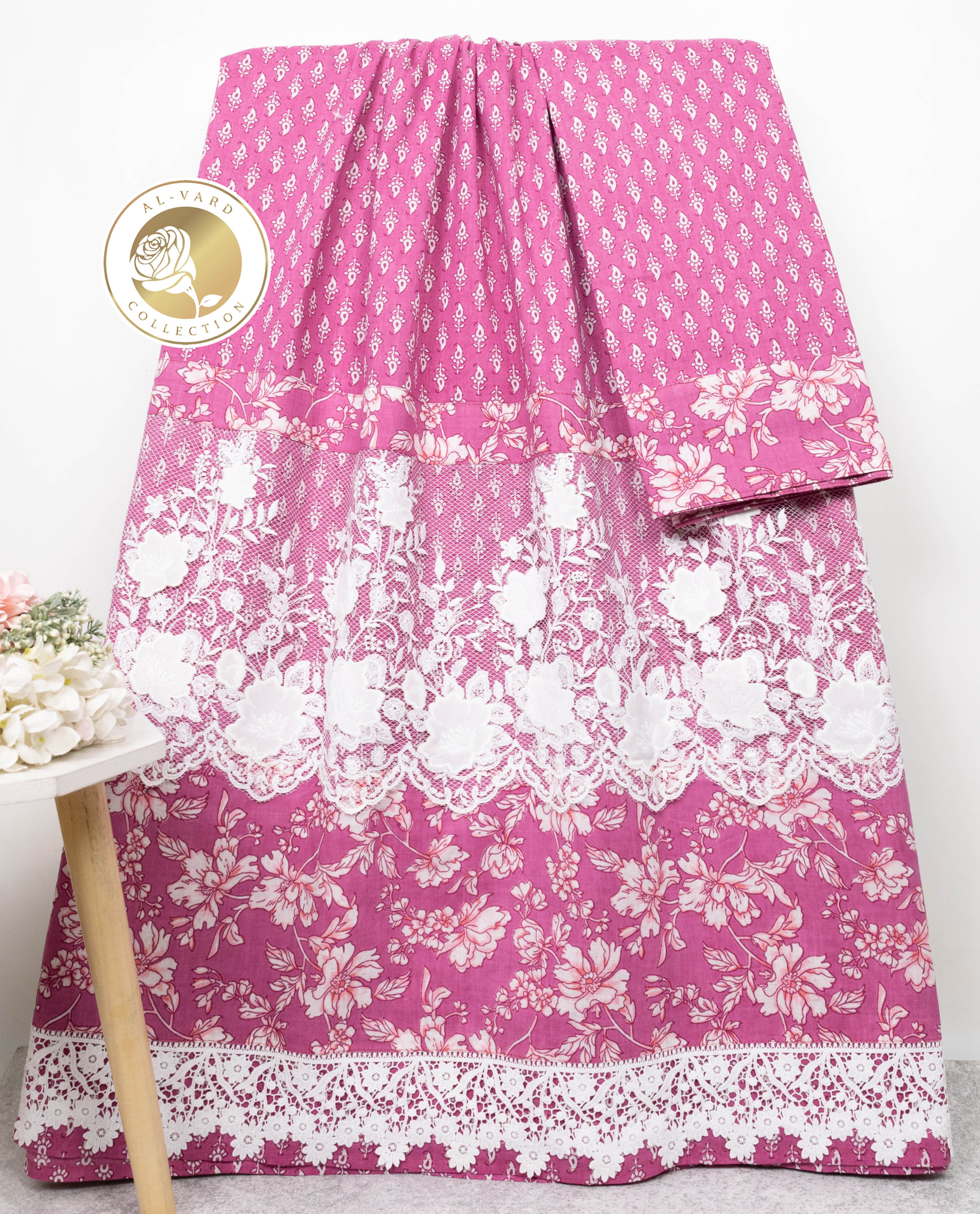 Magenta Pink Batik Rida With Beautiful Floral Panel & Smart Floral White Lace-1950/-