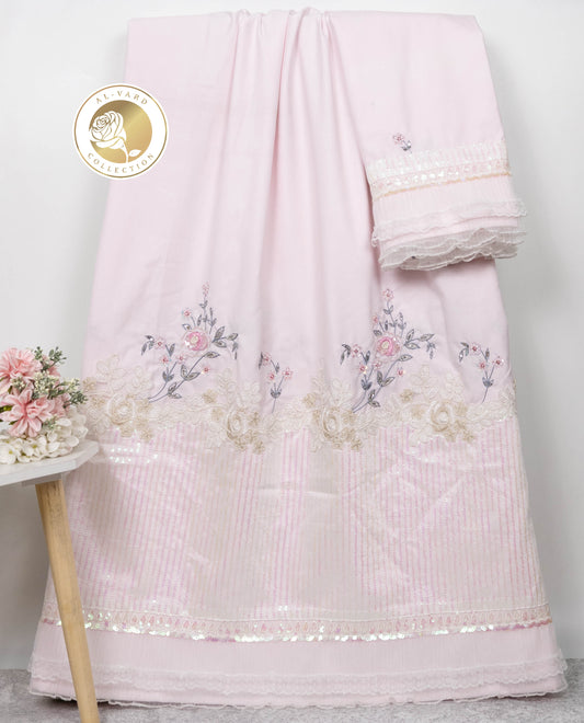 Pastel Pink Rida With Smart Floral Sequence Lace & Floral Aari Work