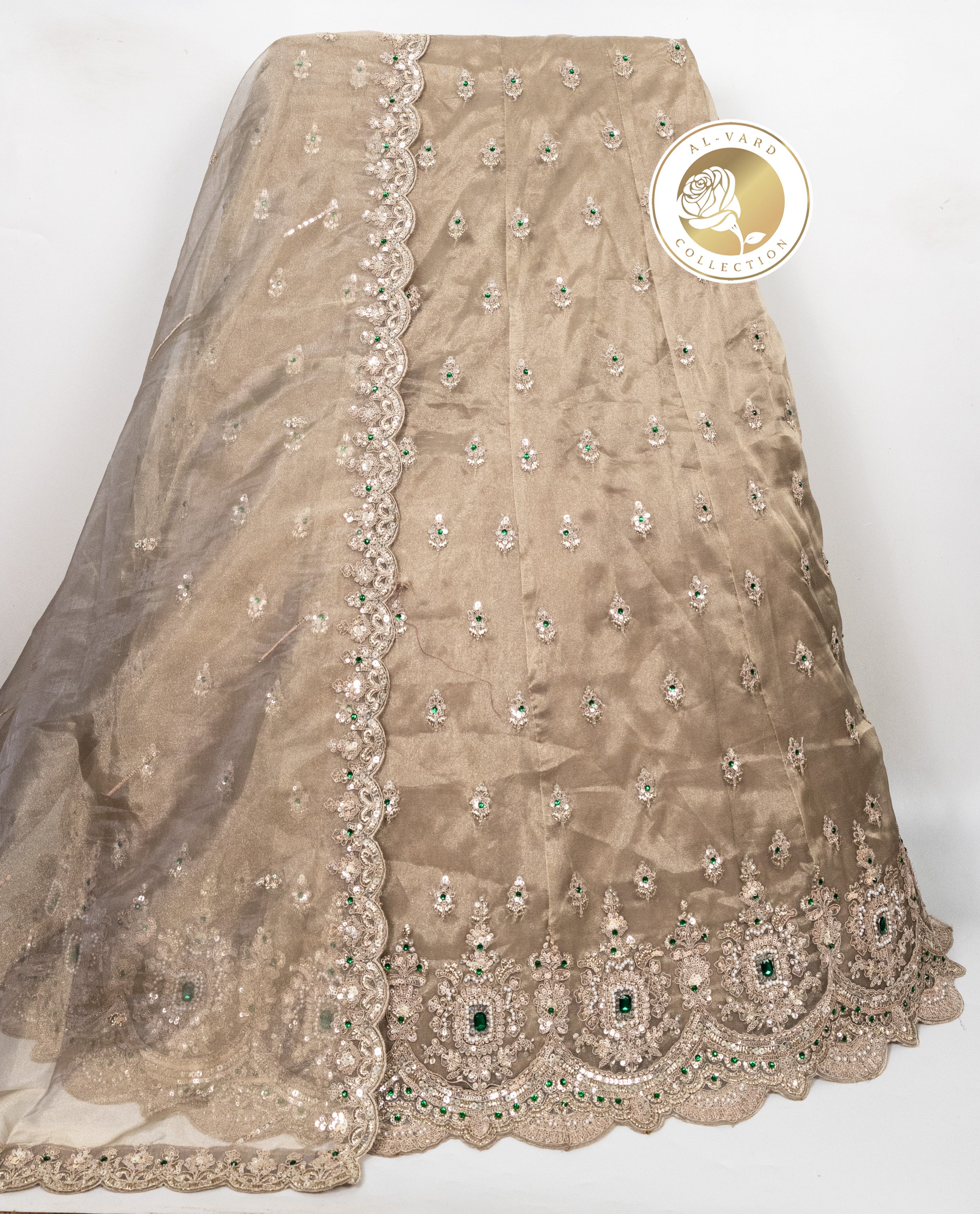 Tan Color Bridal Jodi With Heavy Aari Border,Emerald Stone & With Border Dupatta
