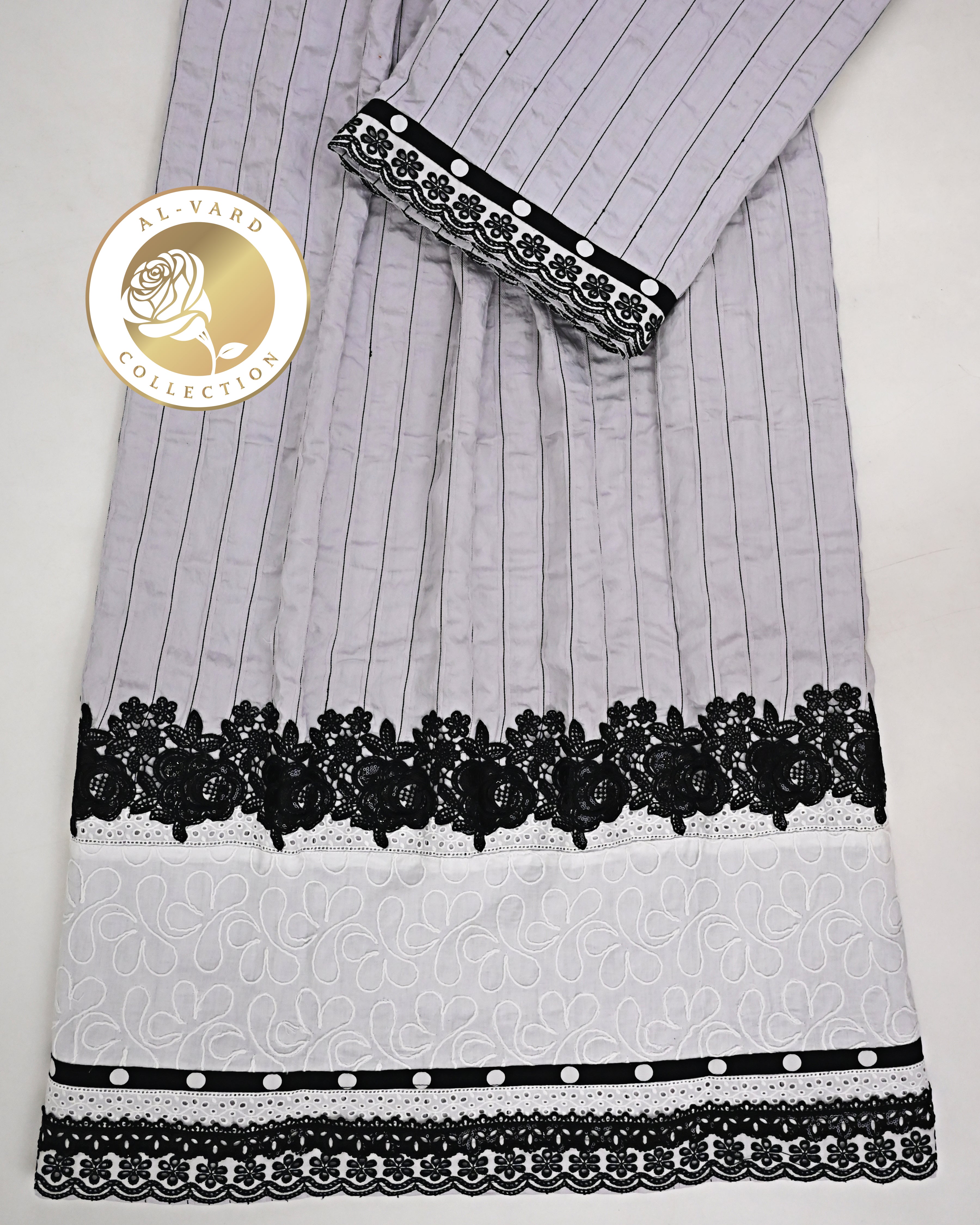 Cement Grey Black Lining Rida With Smart Black Floral Lace & Embroidery Floral Panel