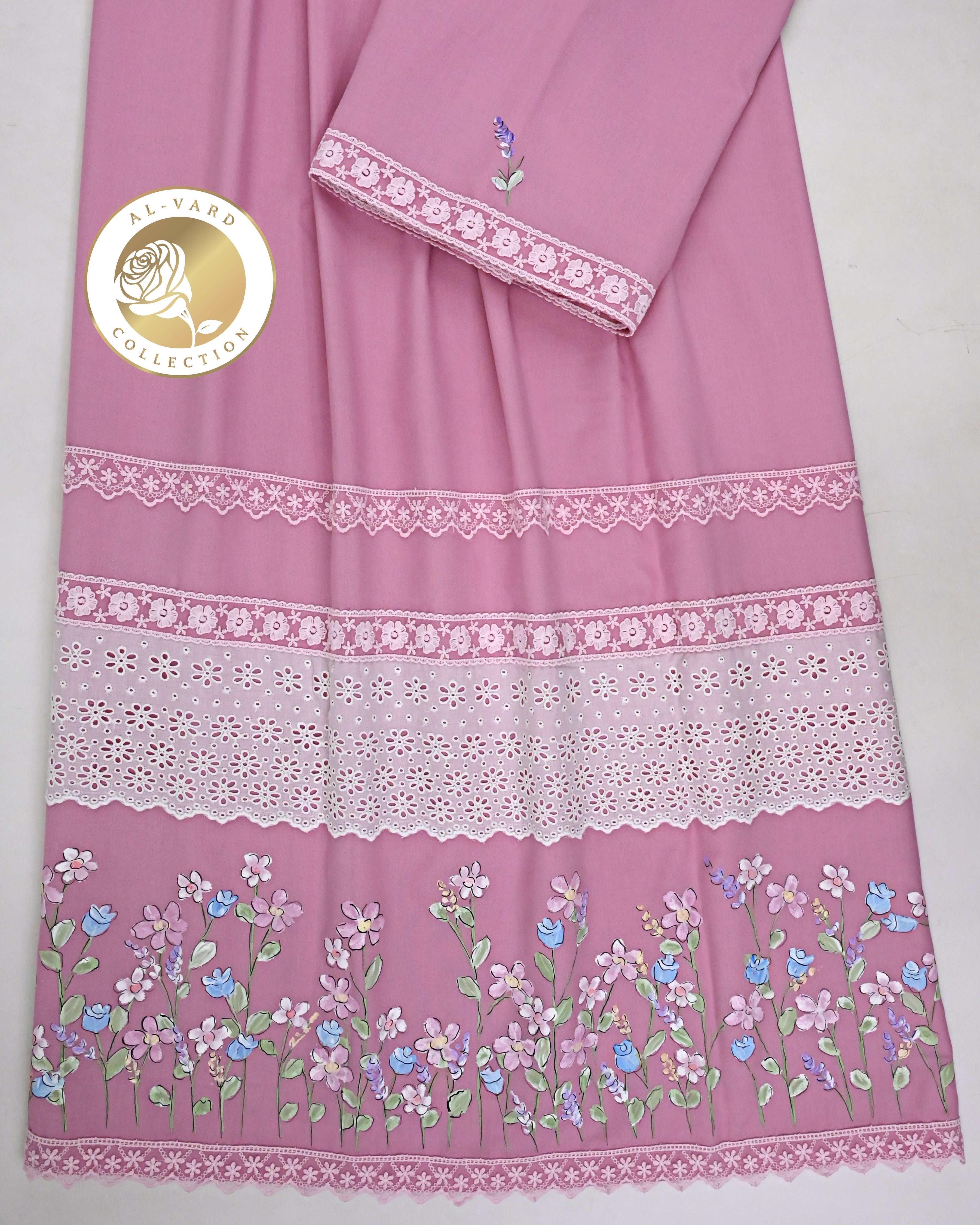 Orchid Pink Heavy Rida With Smart Lace & Floral Hand Painting Work