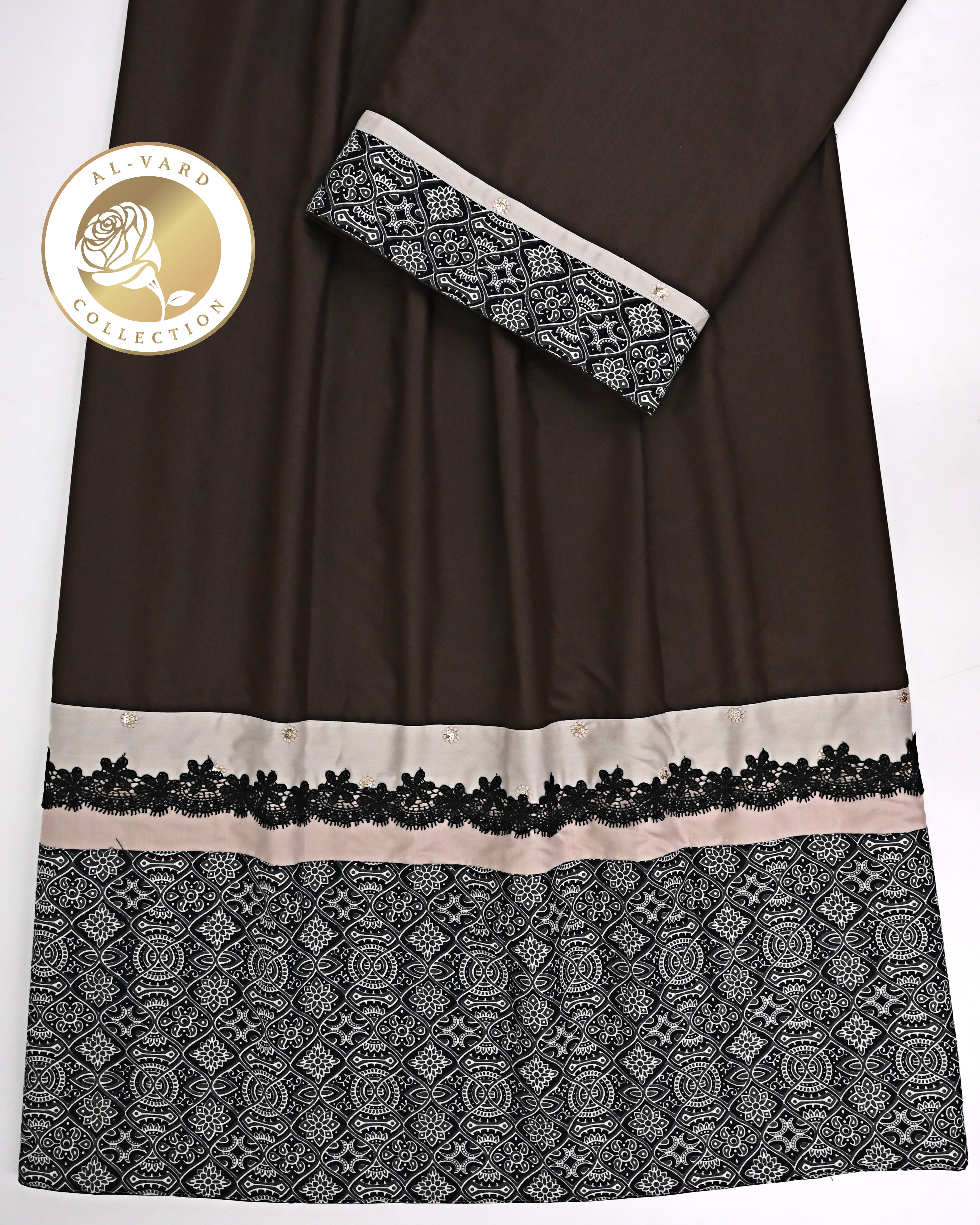 Dark Chocolate Brown Rida With Smart Batik Print Panel & Smart Lace-1200/-