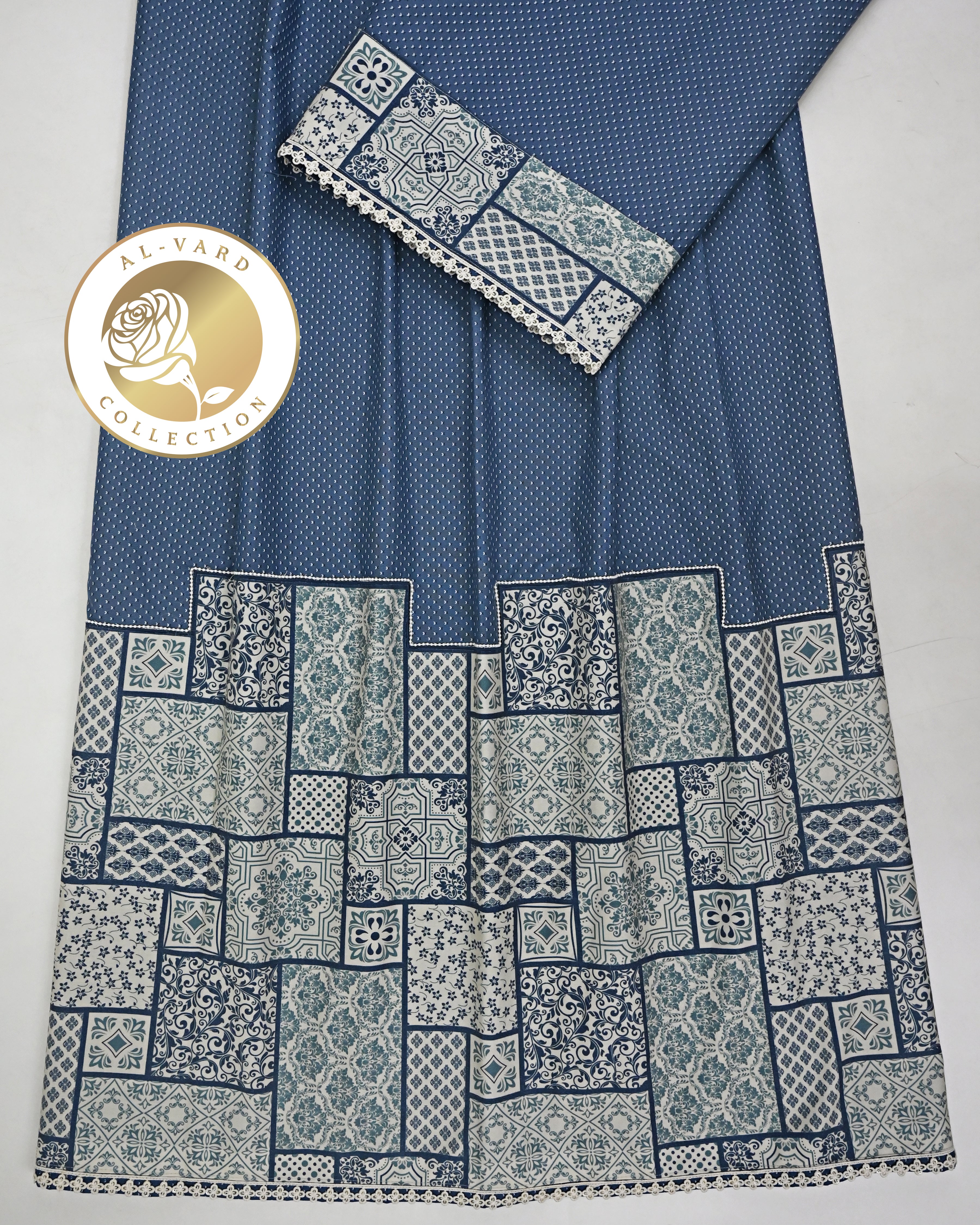 Twilight Blue Printed Rida With Smart Design Pattern Panel With Pearl Coding-2100/-
