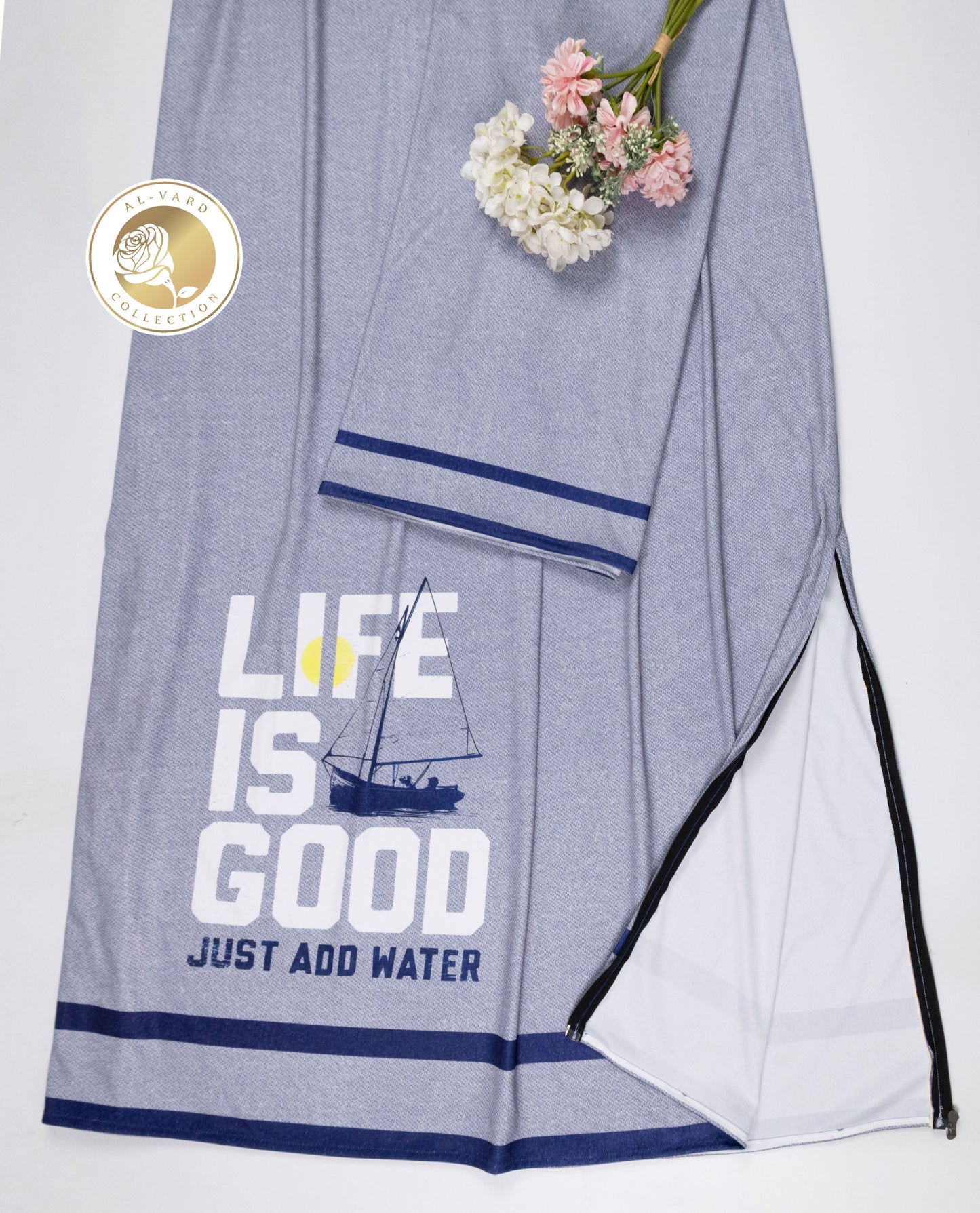 Light Grey Swim Wear With Dark Blue Stripes & Quoted Life is Good Just Add Water