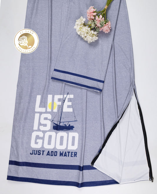 Light Grey Swim Wear With Dark Blue Stripes & Quoted Life is Good Just Add Water