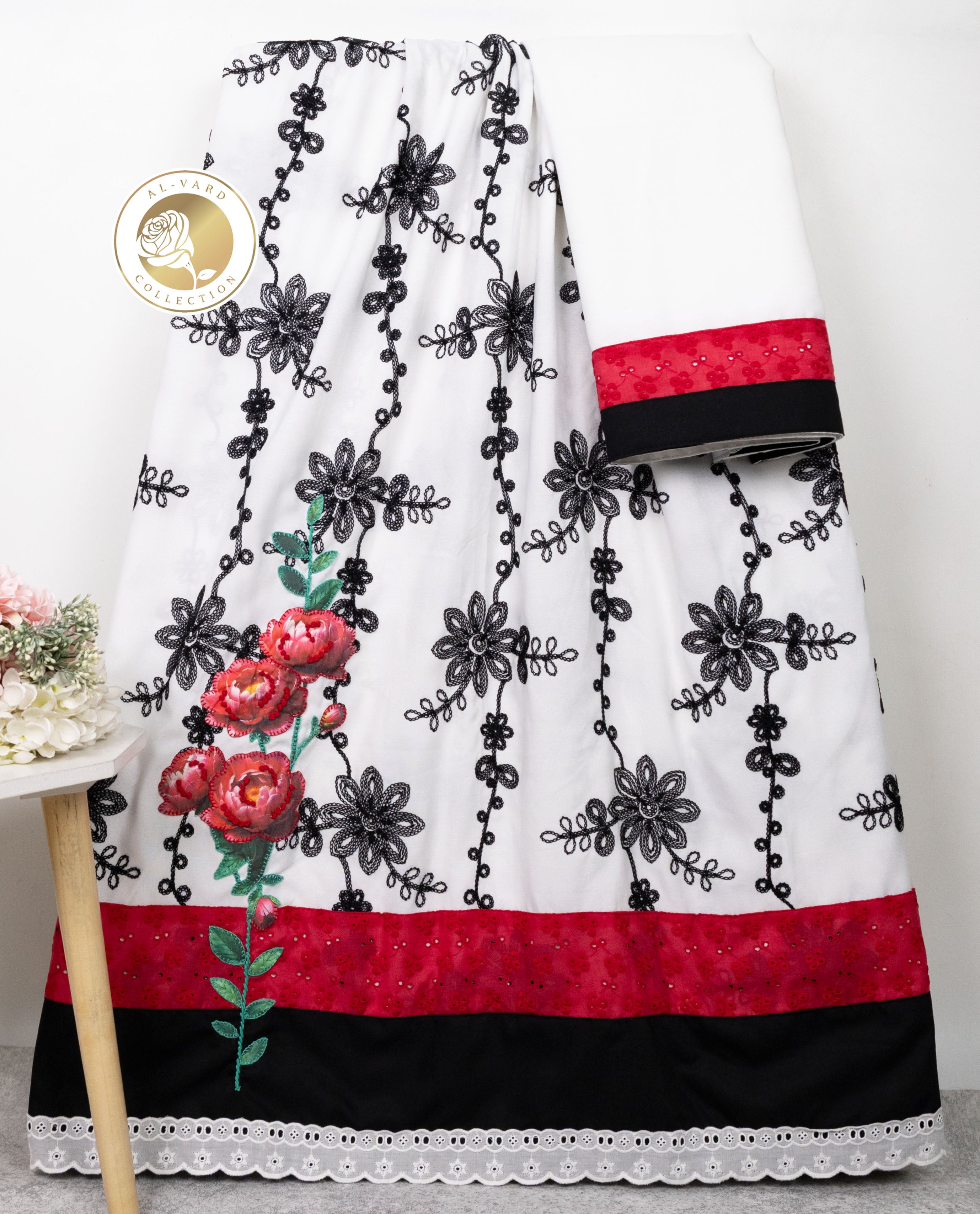 White Base Black Embroidery Rida With Smart Dark Panel & Rose Applique
