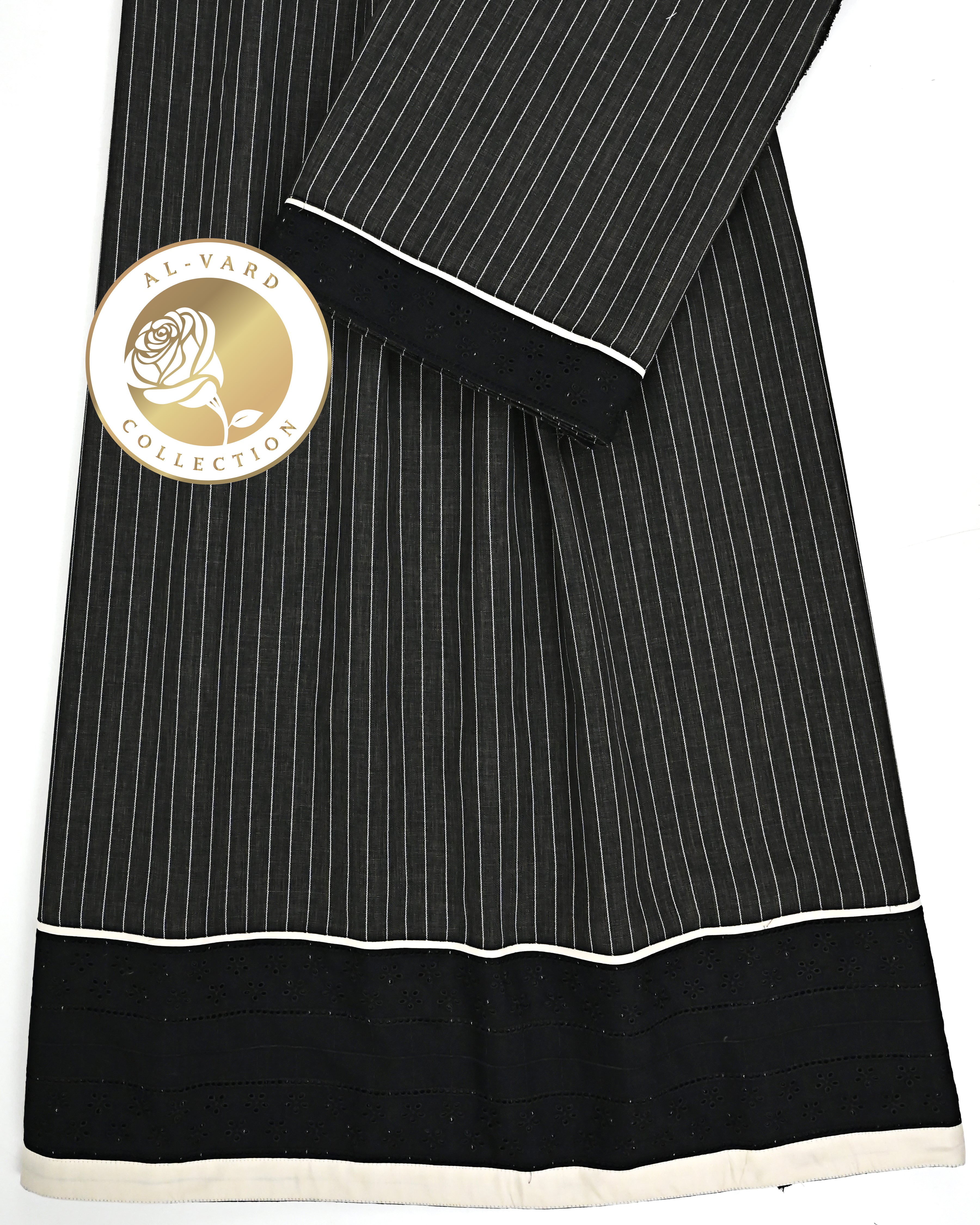 Charcoal Grey White Thin Stripes Rida With Smart Panel Black Lace & Cream Patti-1050/-